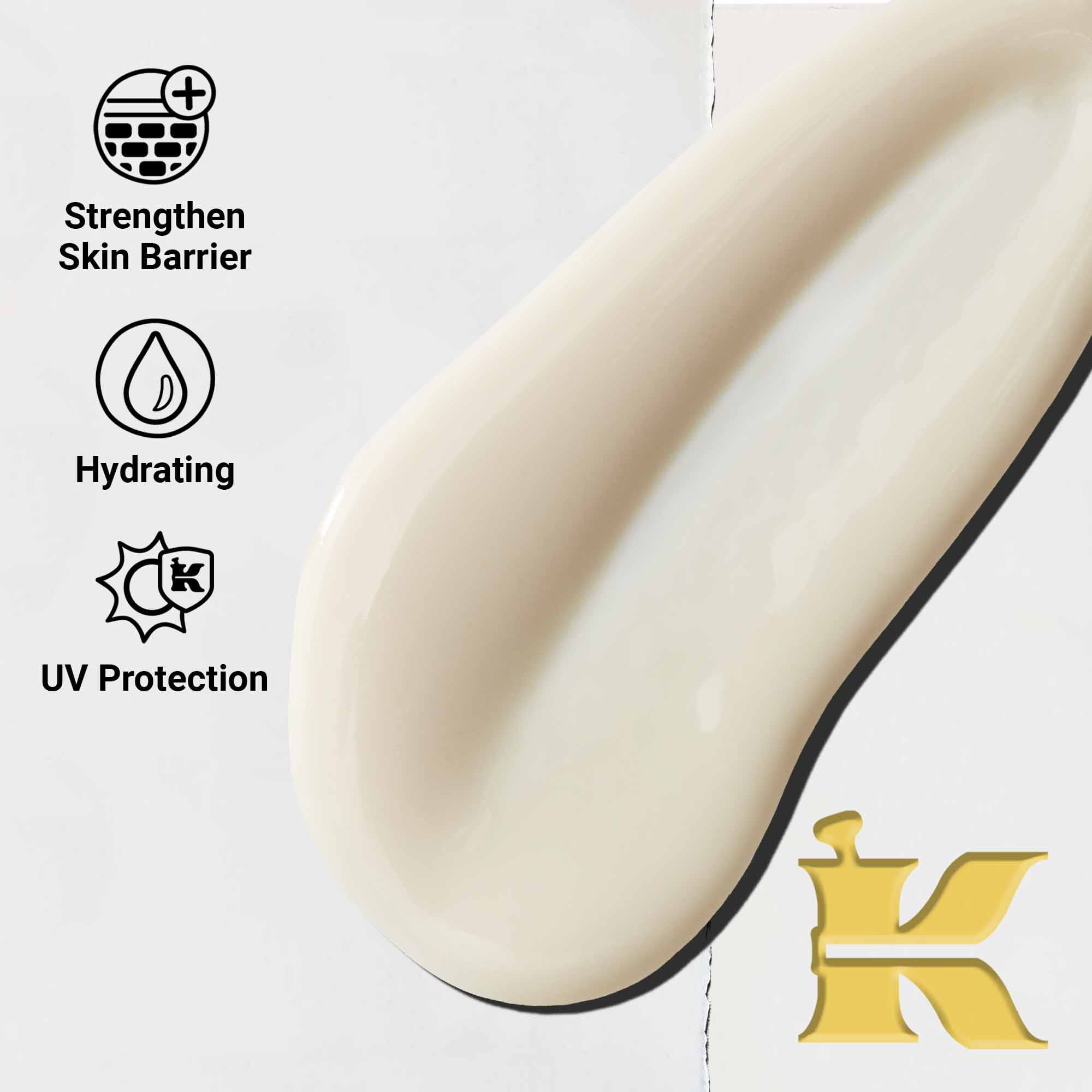 Narbild på konsistensen av Ultra-Light Daily UV Defense. Texten betonar dess latta, återfuktande och bredspektrum UV-skydd.