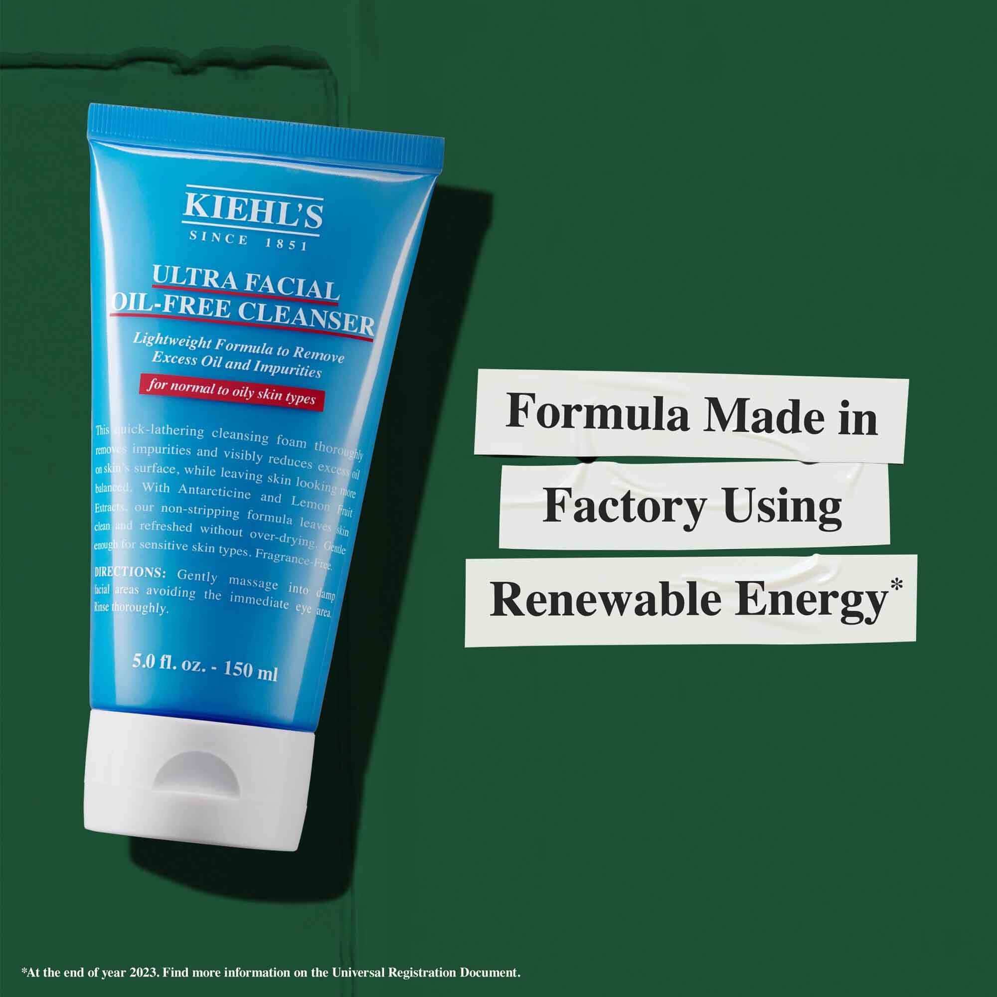 En tub med Ultra Facial Oil-Free Cleanser med texten "Formel framstalld i en fabrik som anvander fornybar energi."