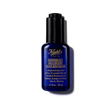 En 30 ml flaska med Kiehl's Midnight Recovery Concentrate ansiktsolja mot en vit bakgrund.