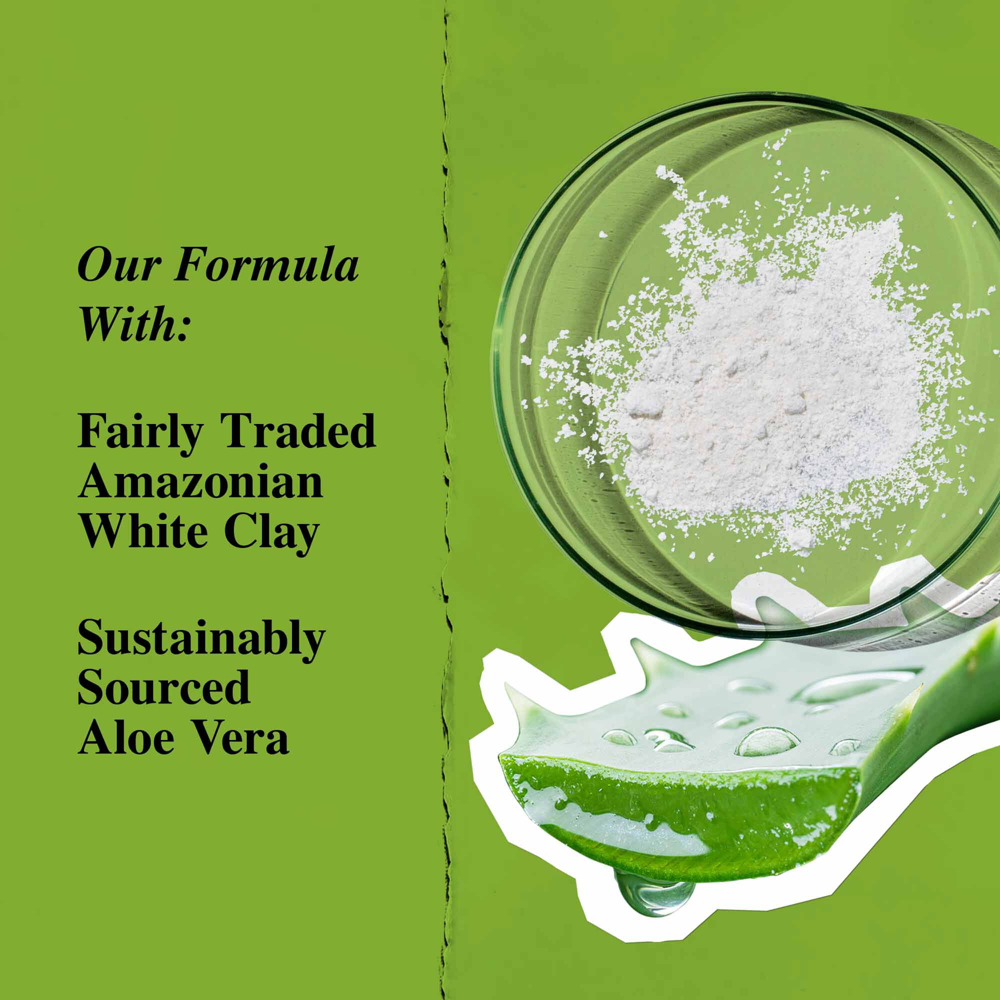 Grafik over nyckelingredienser: vit lera och aloe vera.