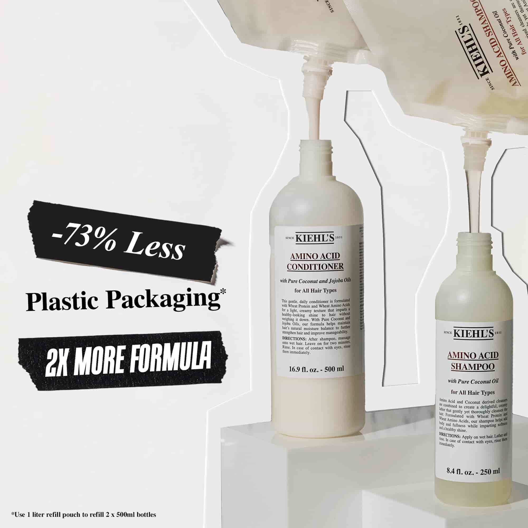 73 % mindre plastforpackning och dubbelt så mycket ersattning med Kiehl's Amino Acid Conditioner-påse