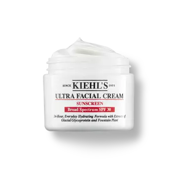 En 125 ml burk med Kiehl's Ultra Facial Cream SPF 30 med vispad textur mot en vit bakgrund.