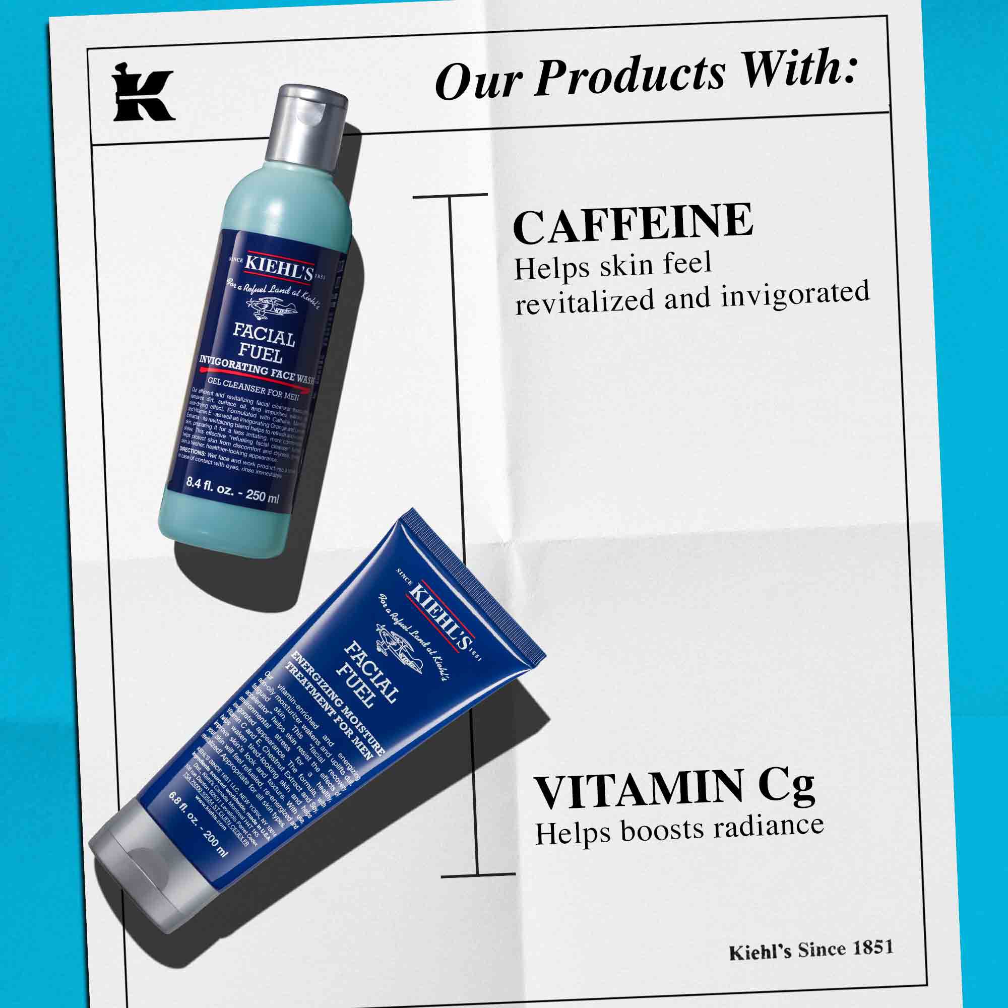 Kiehl's Facial Fuel Stimulorating Face Wash and Energizing Moisture Treatment for Men, med fokus på viktiga ingredienser Koffein for revitalisering och vitamin Cg for lyster.