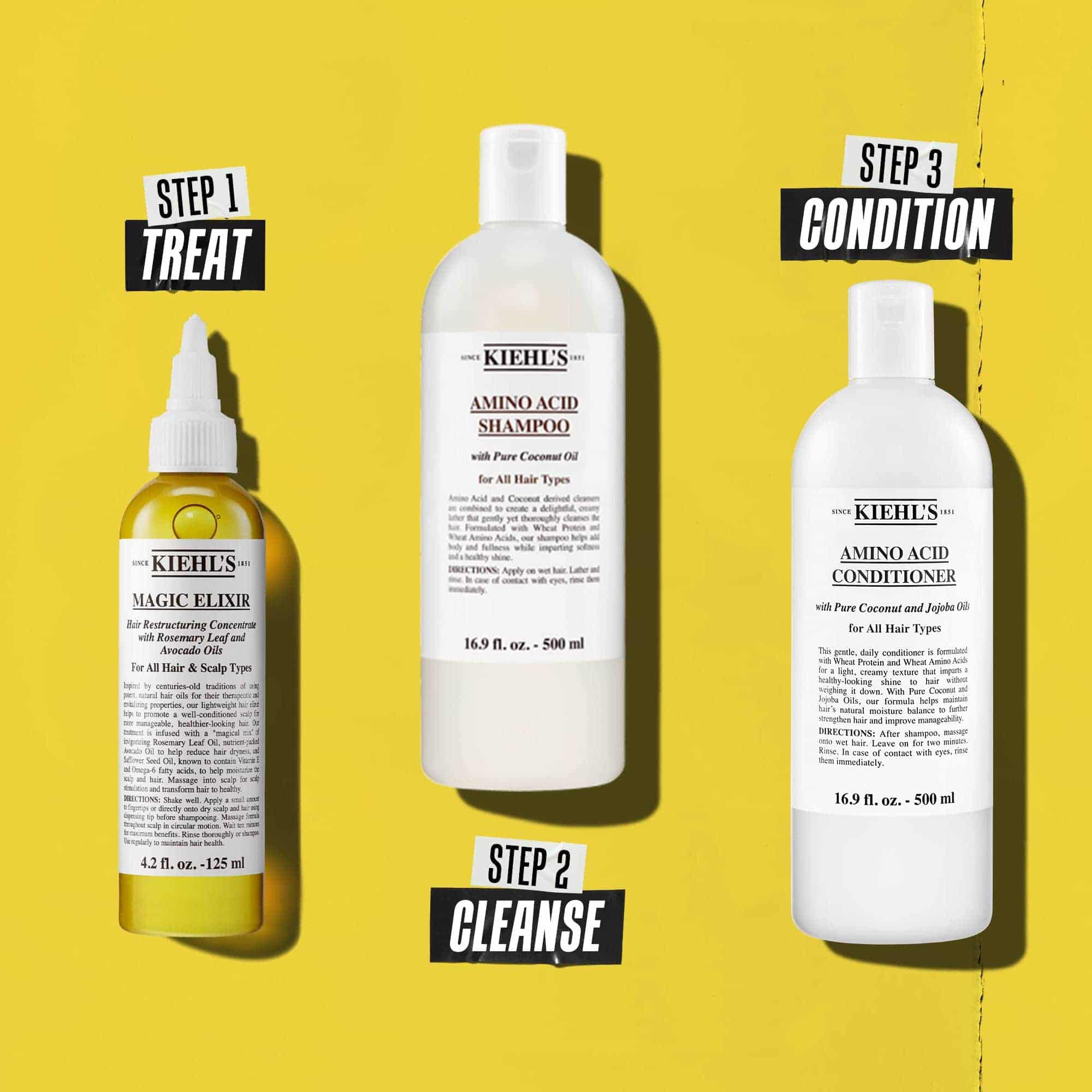 En hårvårdsrutin i tre steg med Kiehl's produkter. Steg 1: Magic Elixir Hair Oil. Steg 2: Amino Acid Shampoo. Steg 3: Amino Acid Conditioner. Texten anger stegen som "Behandla", "Rengor" respektive "Balsam".