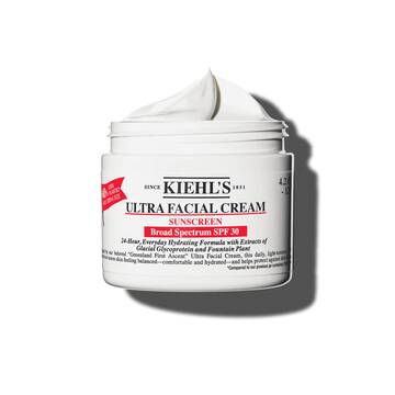 En 125 ml burk med Kiehl's Ultra Facial Cream SPF 30 med vispad textur mot en vit bakgrund.