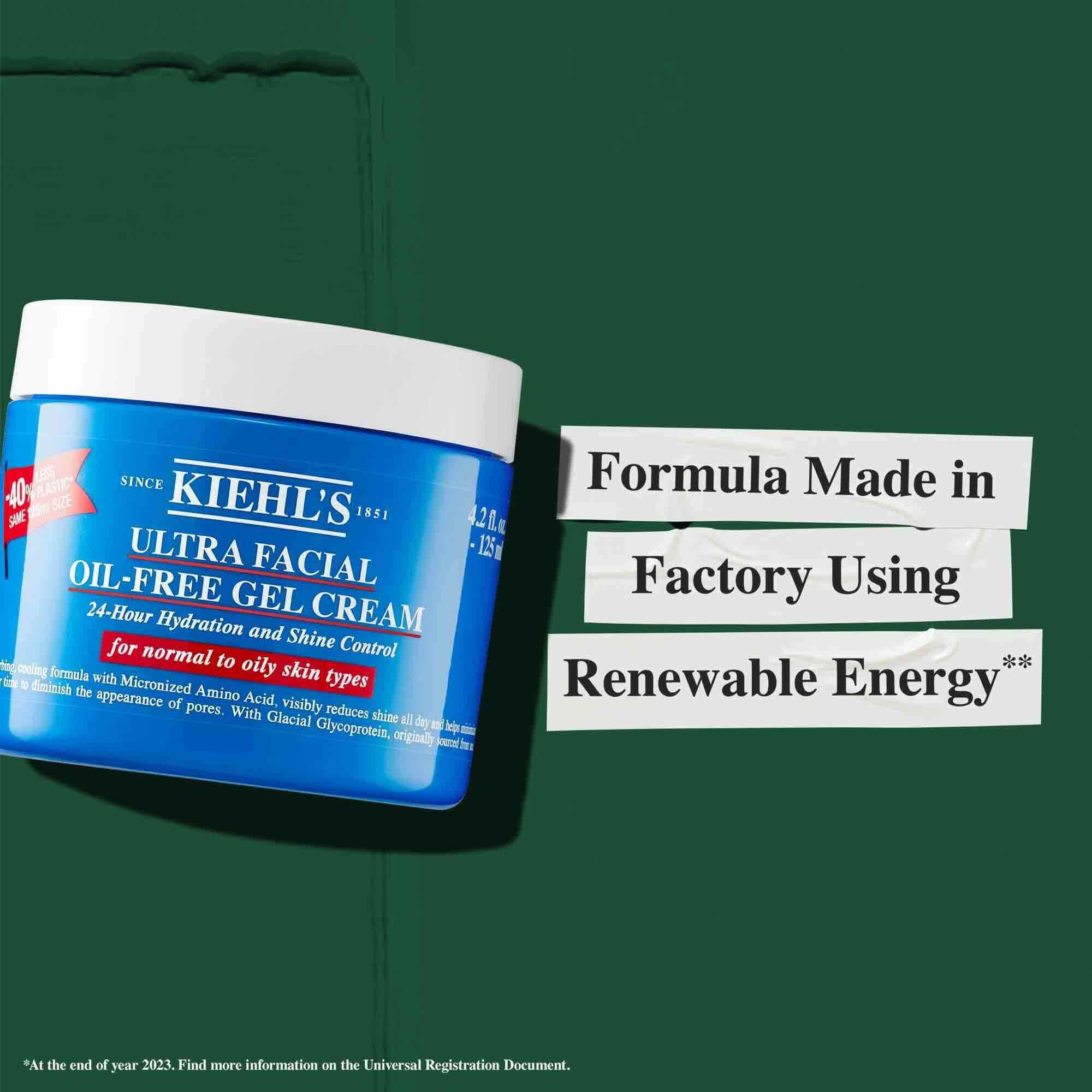 En burk med Ultra Facial Oil-Free Gel Cream med texten "Formel framstalld i en fabrik som anvander fornybar energi."