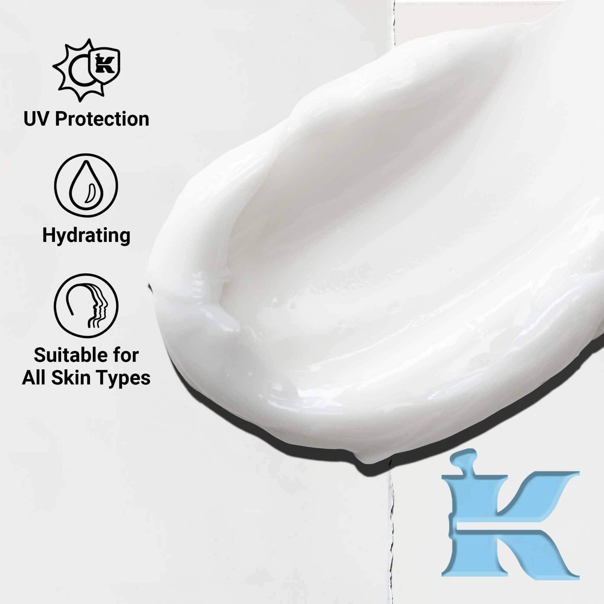 Narbild på konsistensen av Ultra Facial Cream SPF 30 som visar en latt, kramig formula. Texten betonar UV-skydd och återfuktande fordelar.