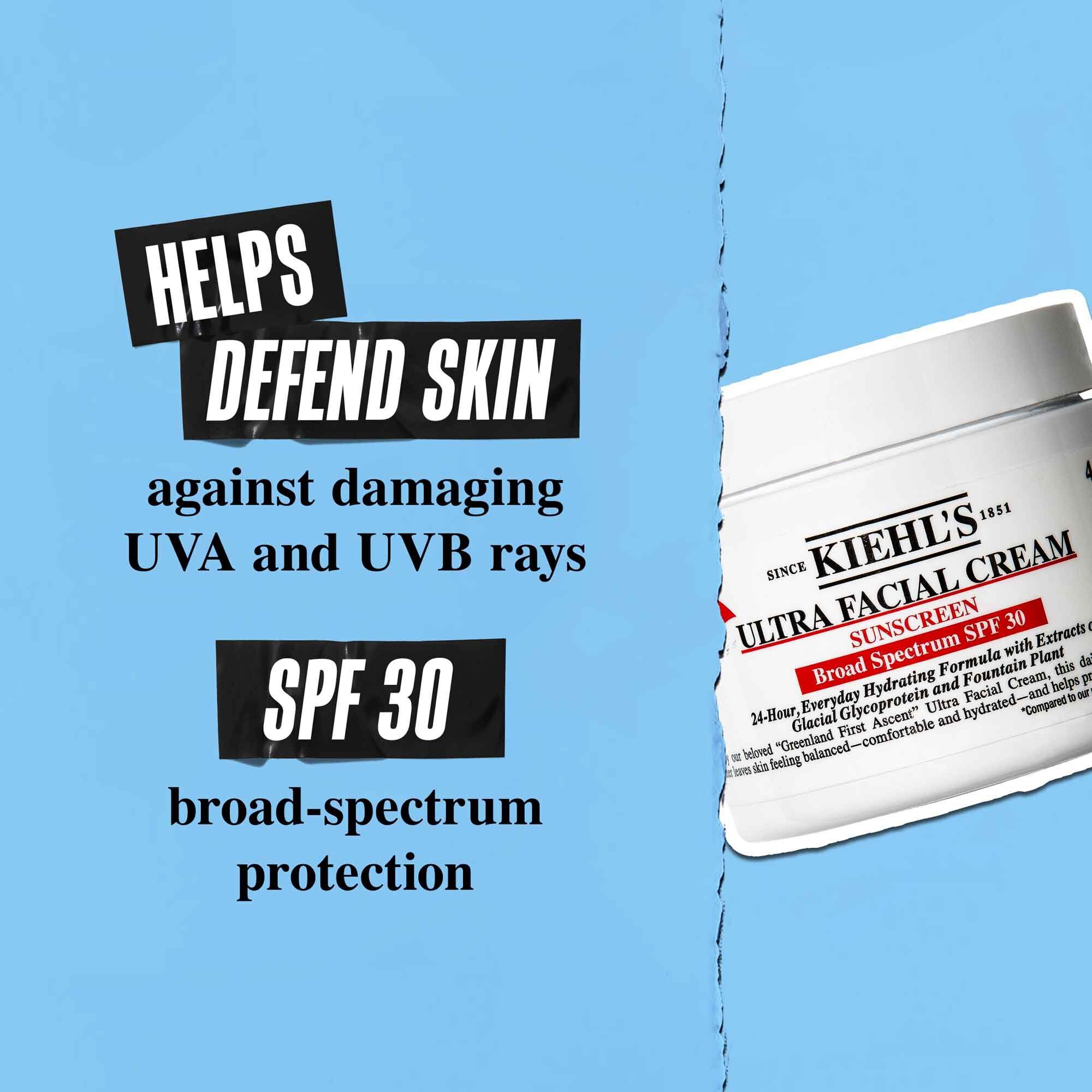 En burk med Ultra Facial Cream SPF 30 mot en blå bakgrund med texten: "Hjalper till att forsvara huden mot skadliga UVA- och UVB-strålar. SPF 30 bredspektrumskydd."