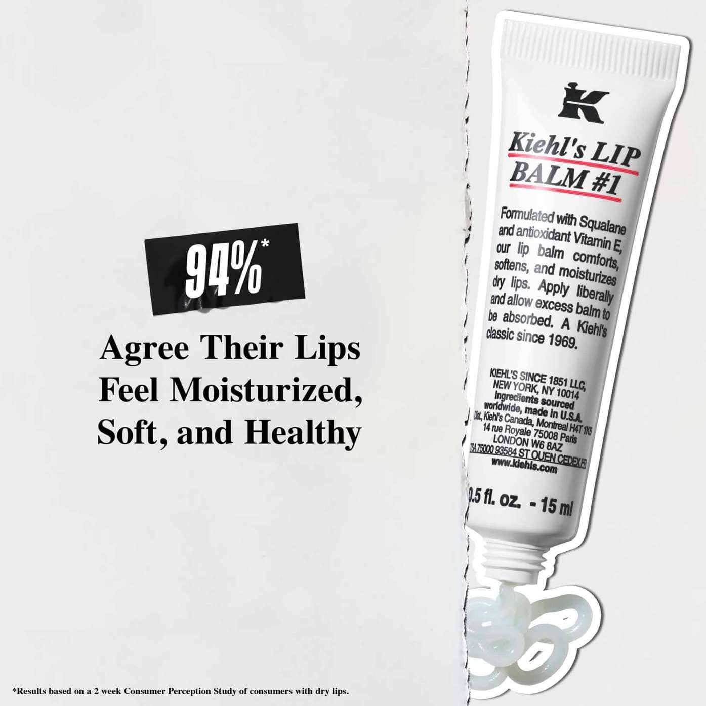 En tub med Lip Balm #1 mot en vit bakgrund med texten "94 % instammer i att deras lappar kanns återfuktade, mjuka och halsosamma."