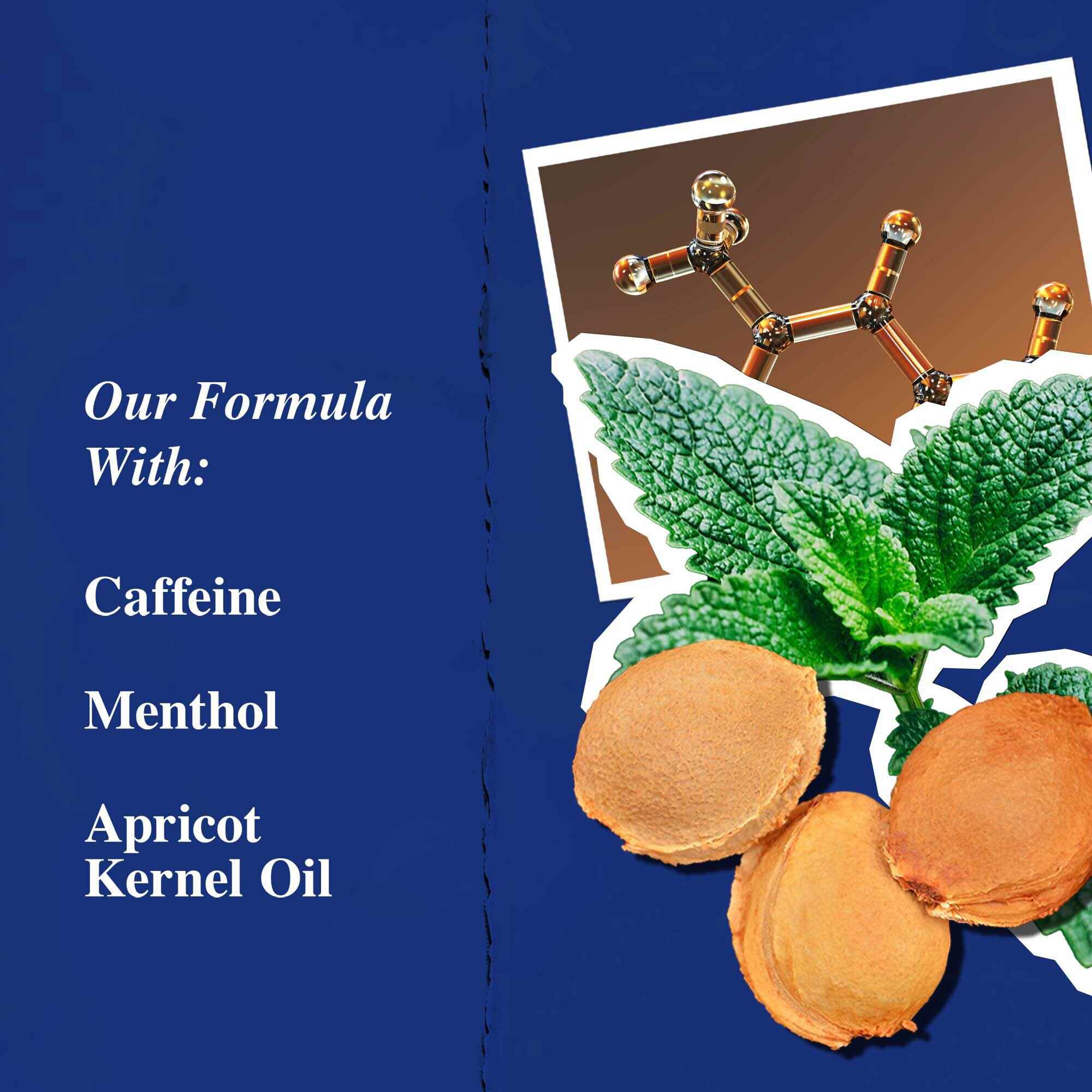 Grafik over nyckelingredienser: koffein, mentol och aprikoskarnolja.