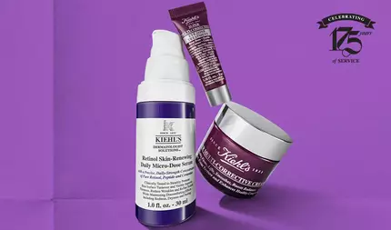 Kiehl's skincare products including a retinol serum, an eye treatment, and a multi-corrective cream, celebrating 175 years of service.
