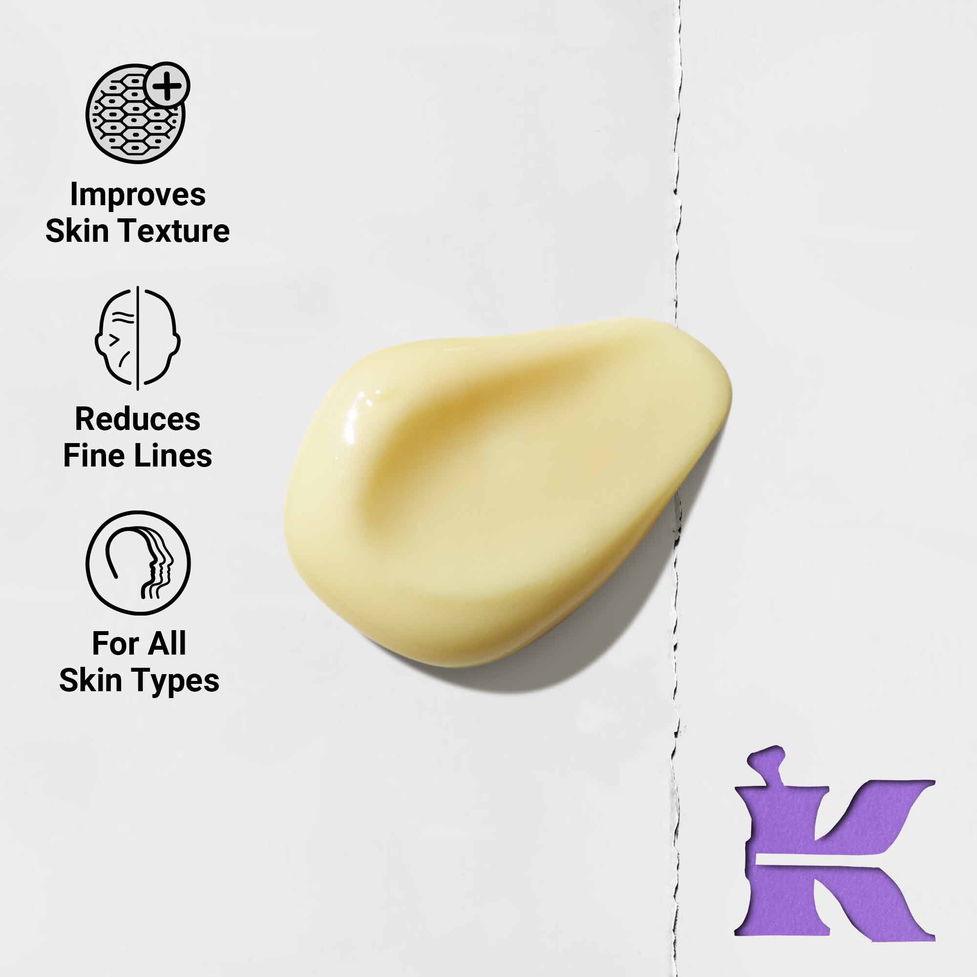 Foto på konsistensen med ikoner som anger att den reducerar fina linjer och utvecklad for alla hudtyper