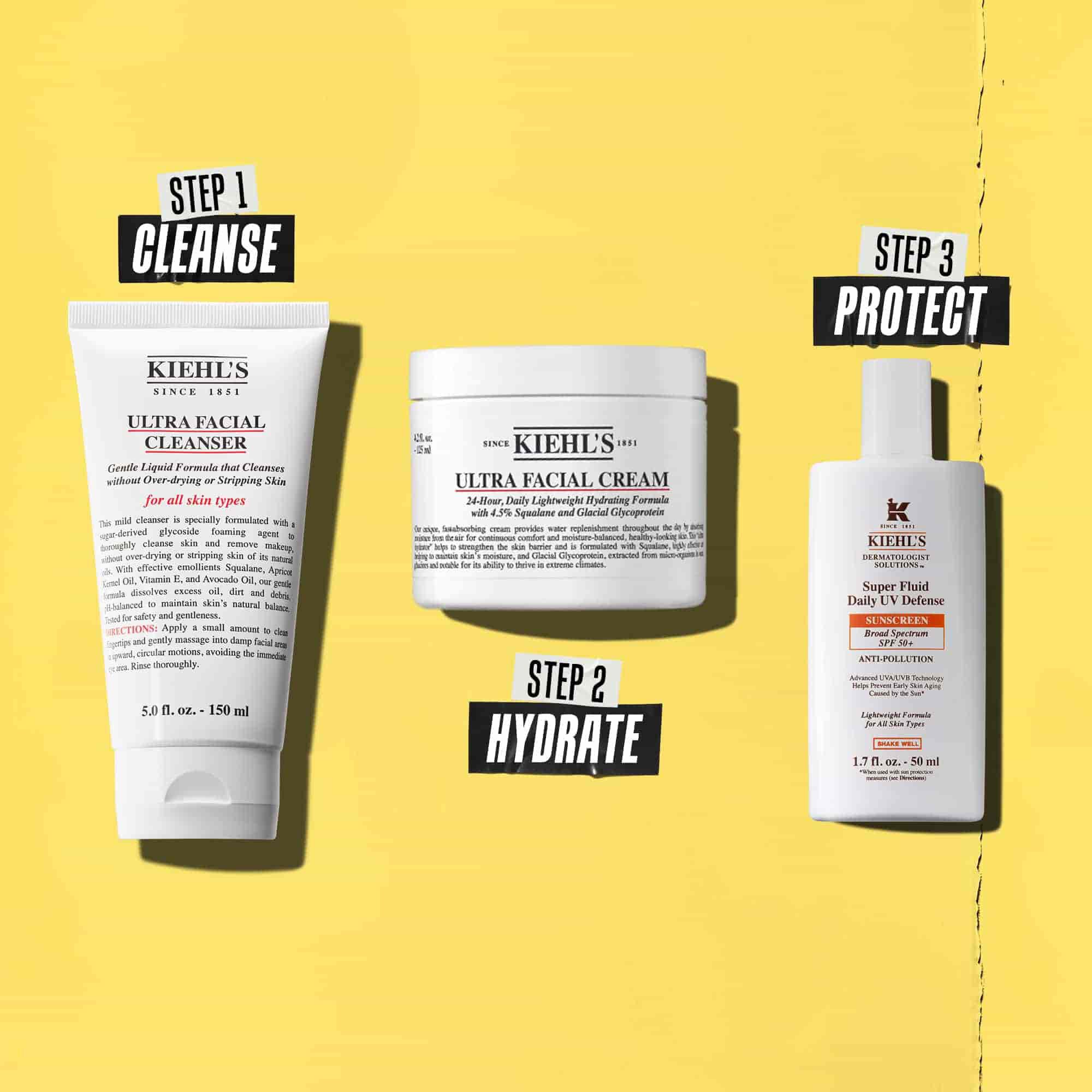 Tre Kiehl's-produkter som representerar en rutin. Från vanster till hoger: rengoring, fuktkram och solskydd.