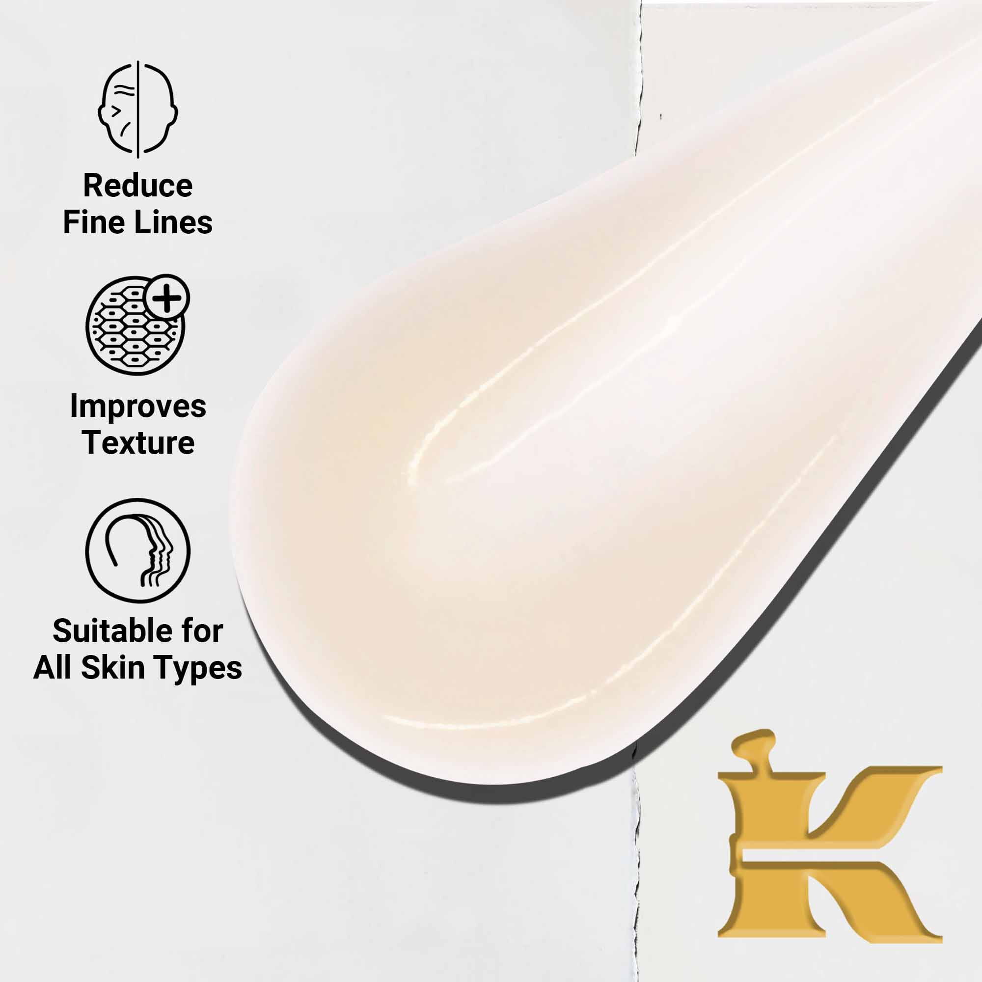 Narbild på konsistensen av Powerful-Strength Line-Reducing Concentrate. Texten betonar dess formåga att minska fina linjer, forbattra texturen och dess lamplighet for alla hudtyper.