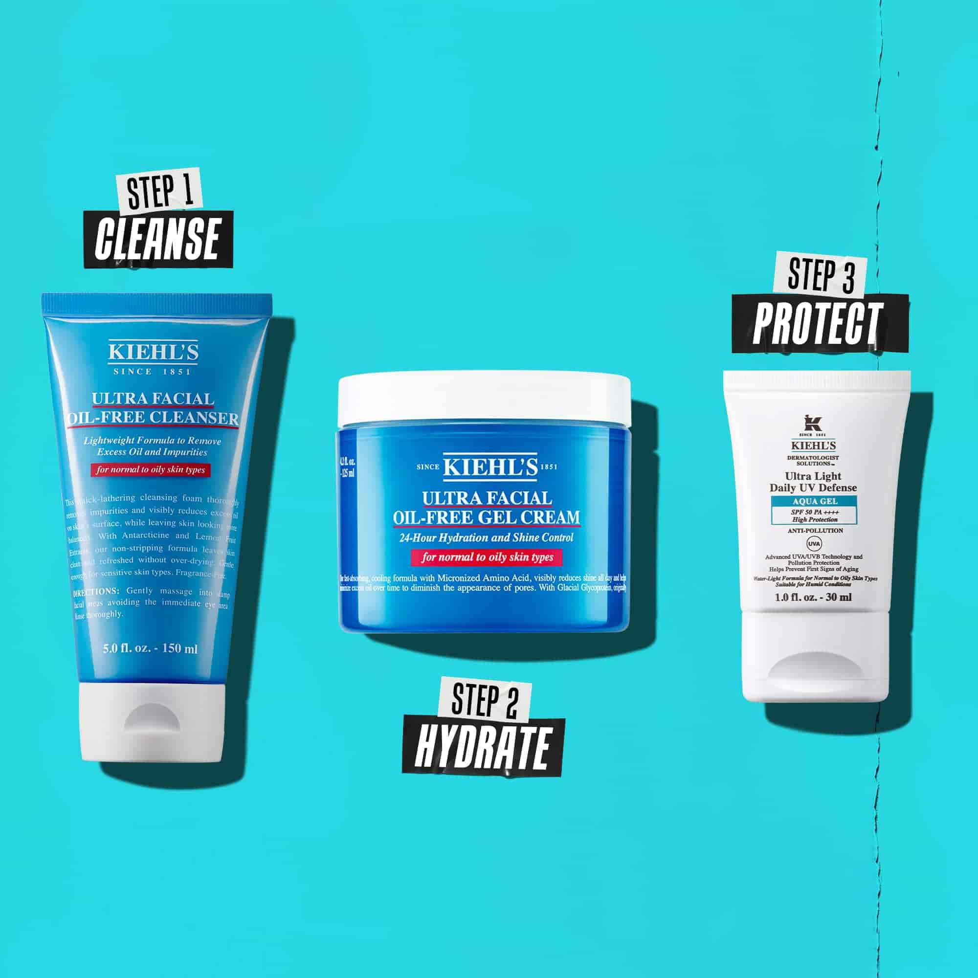 En rutin i tre steg med Kiehl's produkter. Steg 1: Ultra Facial Oil-Free Cleanser. Steg 2: Ultra Facial Oil-Free Gel Cream. Steg 3: Ultra Light Daily UV Defense Aqua Gel.