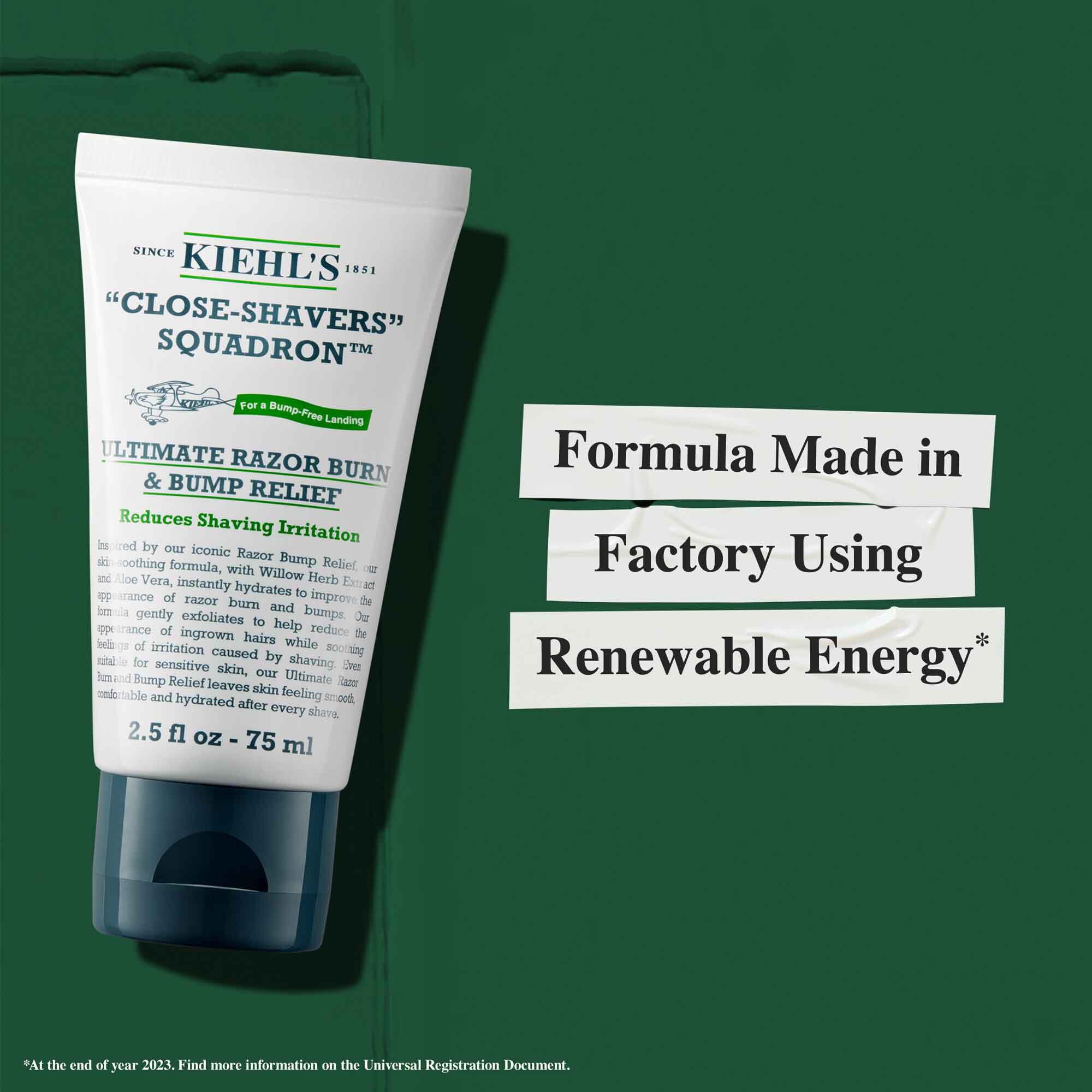 Tub med Close Shavers Squadron Smooth Glider Precision Shave Lotion med hållbarhetsinformation: "Formel framstalld i en fabrik som anvander fornybar energi."