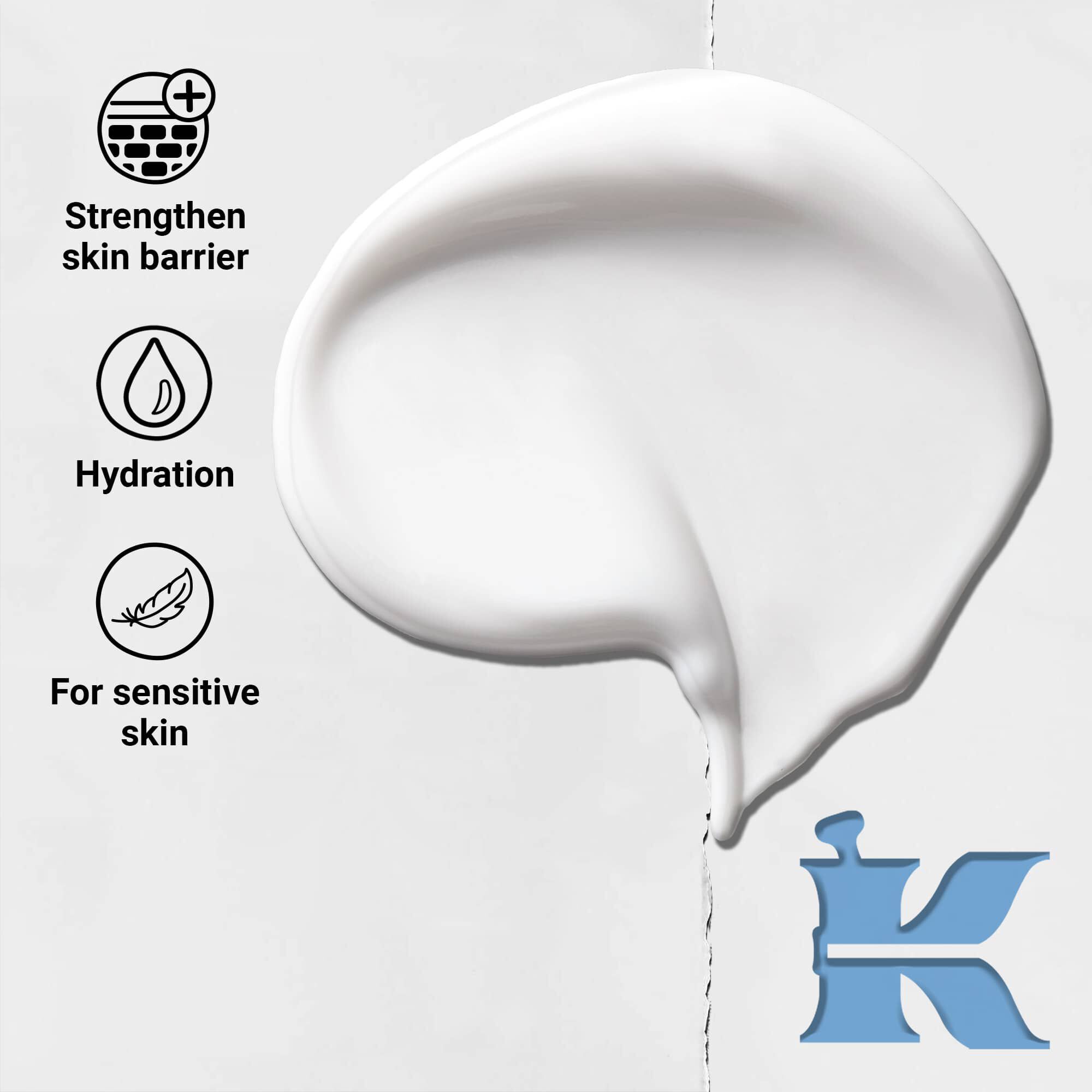 Texturbild och ikoner for Ultra Facial Moisturizer: starker hudbarriaren, återfuktning, kanslig hud