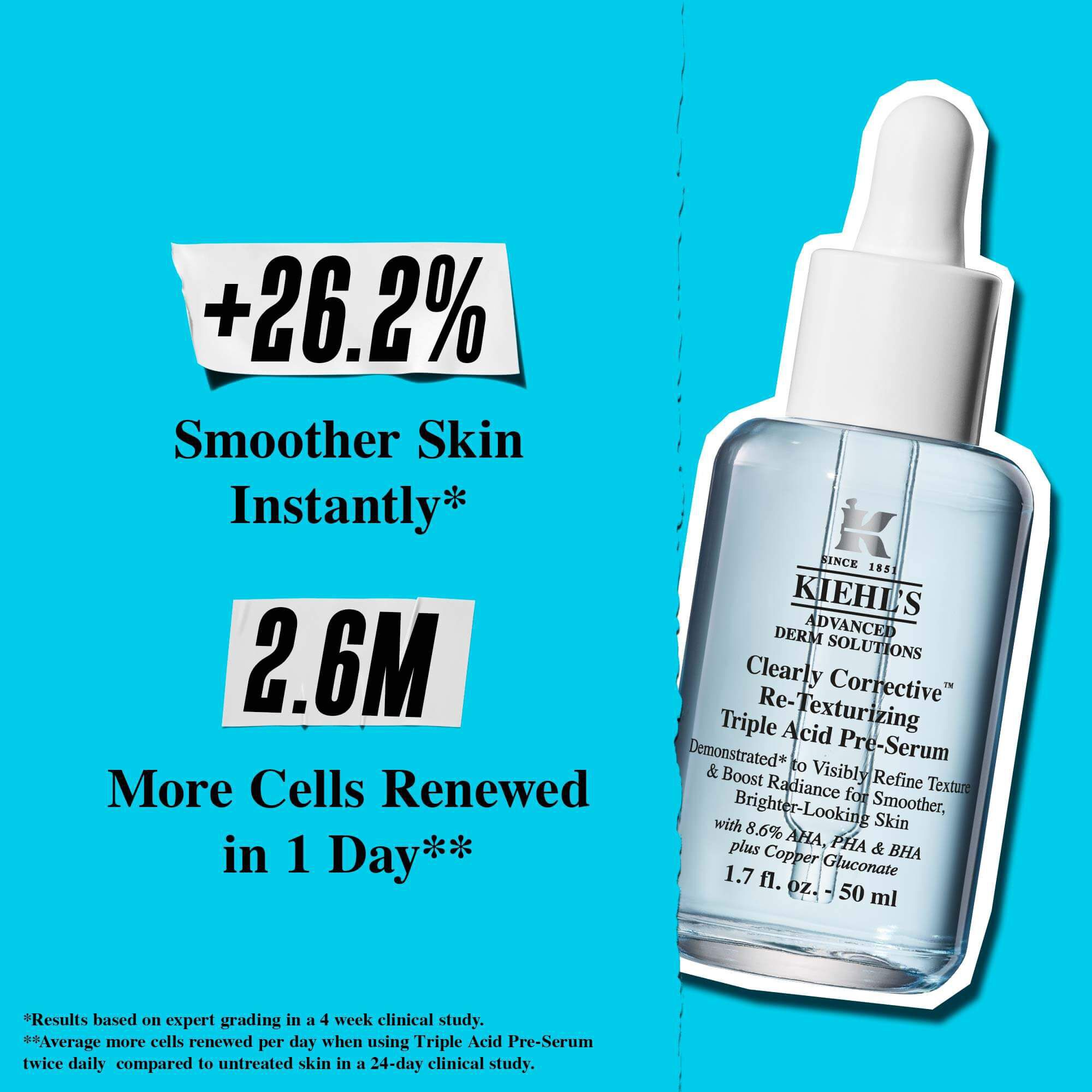 En flaska Clearly Corrective Triple Acid Peel mot en blå bakgrund med texten: "+41% slatare textur."