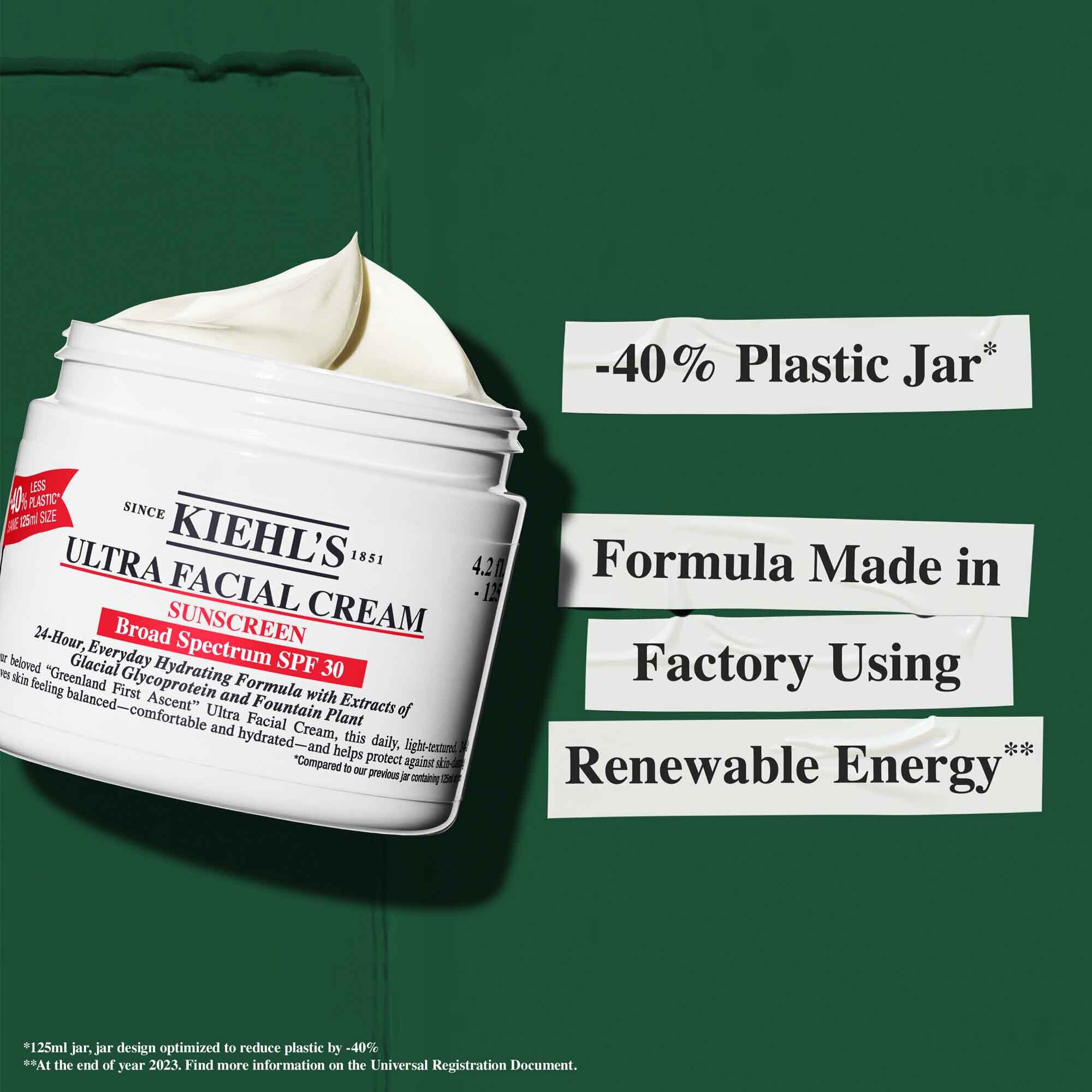 En burk med Ultra Facial Cream SPF 30 med text som betonar hållbarhetspåståenden: "-40% plastburk" och "Formel framstalld i en fabrik som anvander fornybar energi."