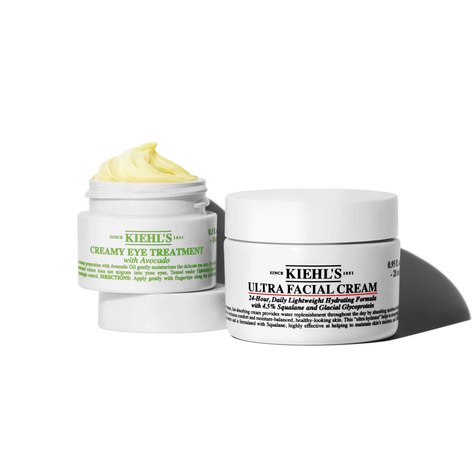 Kiehl's Creamy Eye Treatment med avokado och Ultra Facial Cream, som erbjuder återfuktande losningar for ogon och ansikte.