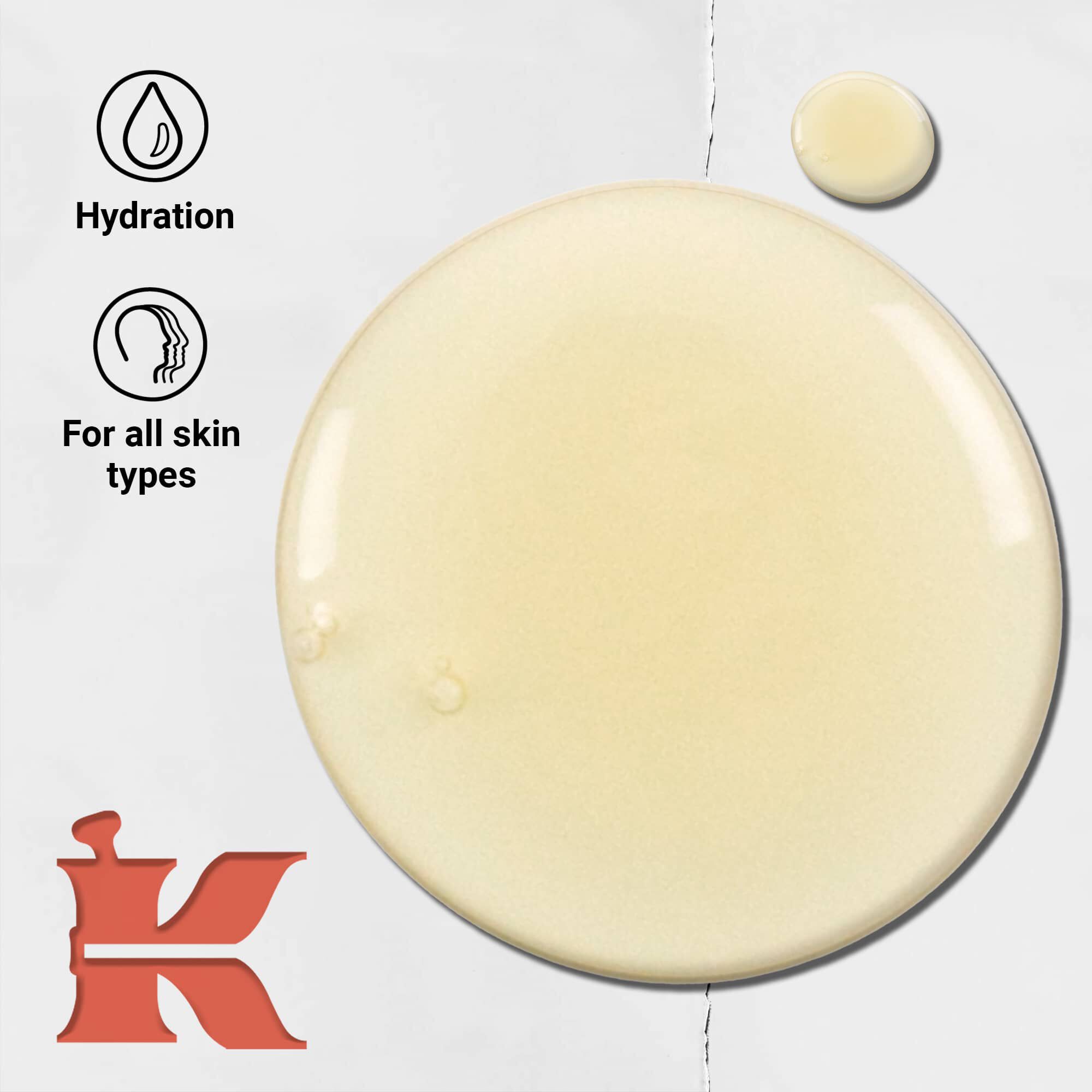 Foto på Grapefruit Liquid Body Cleanser-konsistens med ikoner som anger återfuktning och passar alla hudtyper