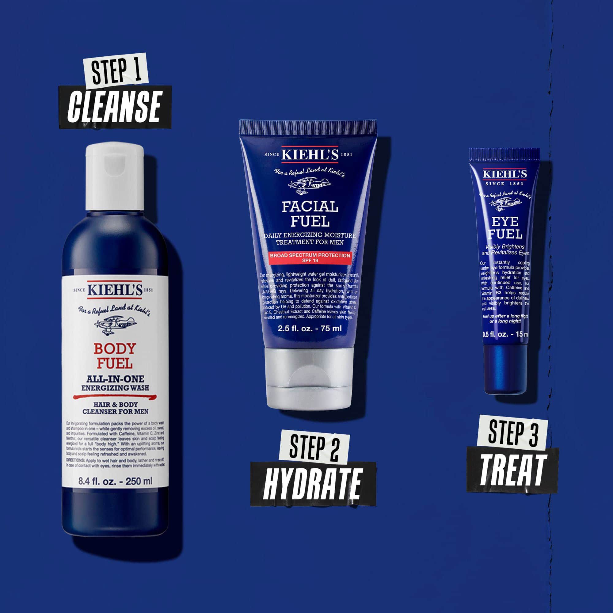 Trestegsrutin med Body Fuel: Steg 1: Rengoring. Steg 2: Återfuktning med Facial Fuel Treatment. Steg 3: Facial Fuel Eye Fuel ogonkram.