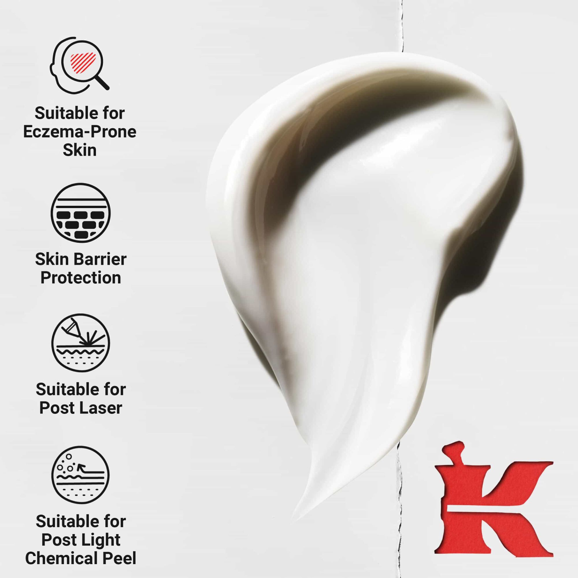 Dynamisk virvel av tjock kram; ikoner framhaver fordelar: lamplig for hud med tendens till eksem, barriarskydd, efter laser och efter latt kemisk peeling.