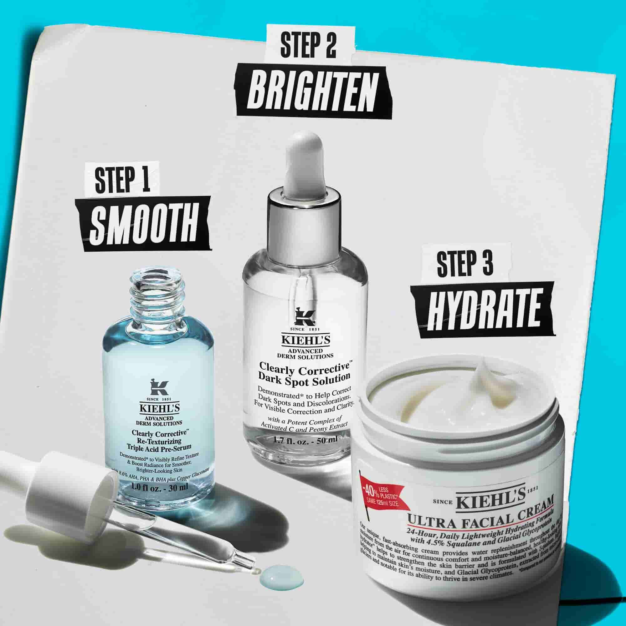 Två Kiehl's-produkter på en vit yta med blå bakgrund: Clearly Corrective Triple Acid Peel och Retinol Skin-Renewing Daily Micro-Dose Serum.