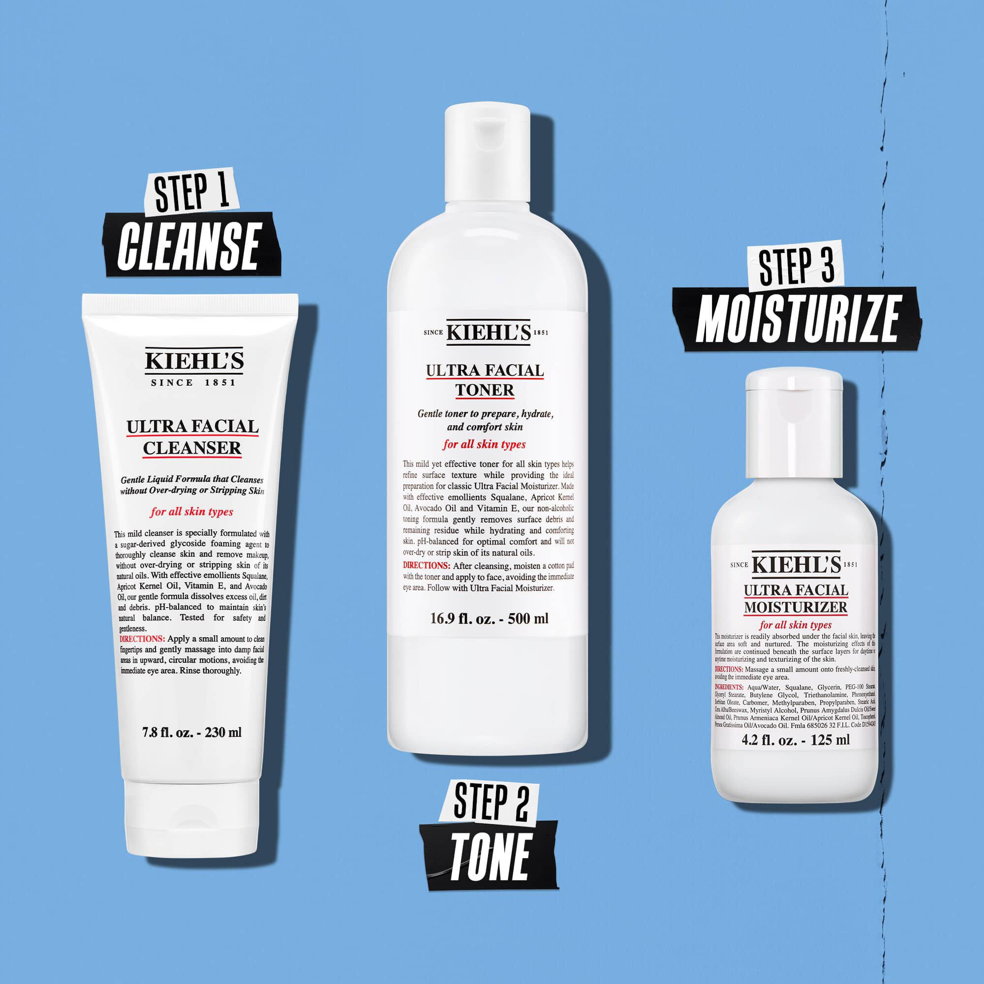 Illustration av Kiehl's Ultra Facial Moisturizer-rutin – rengora, tona, återfukta