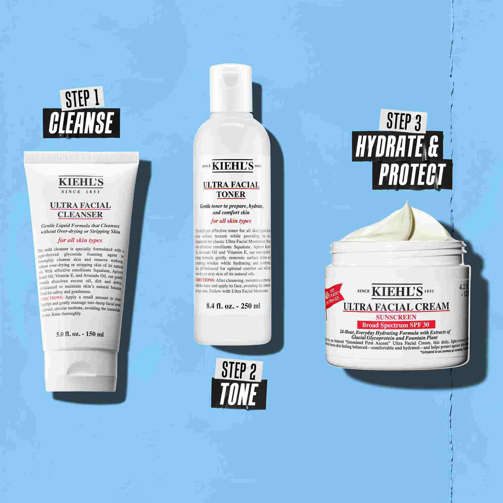 En rutin i tre steg med Kiehl's produkter. Steg 1: Ultra Facial Cleanser. Steg 2: Ultra Facial Toner. Steg 3: Ultra Facial Cream SPF 30.
