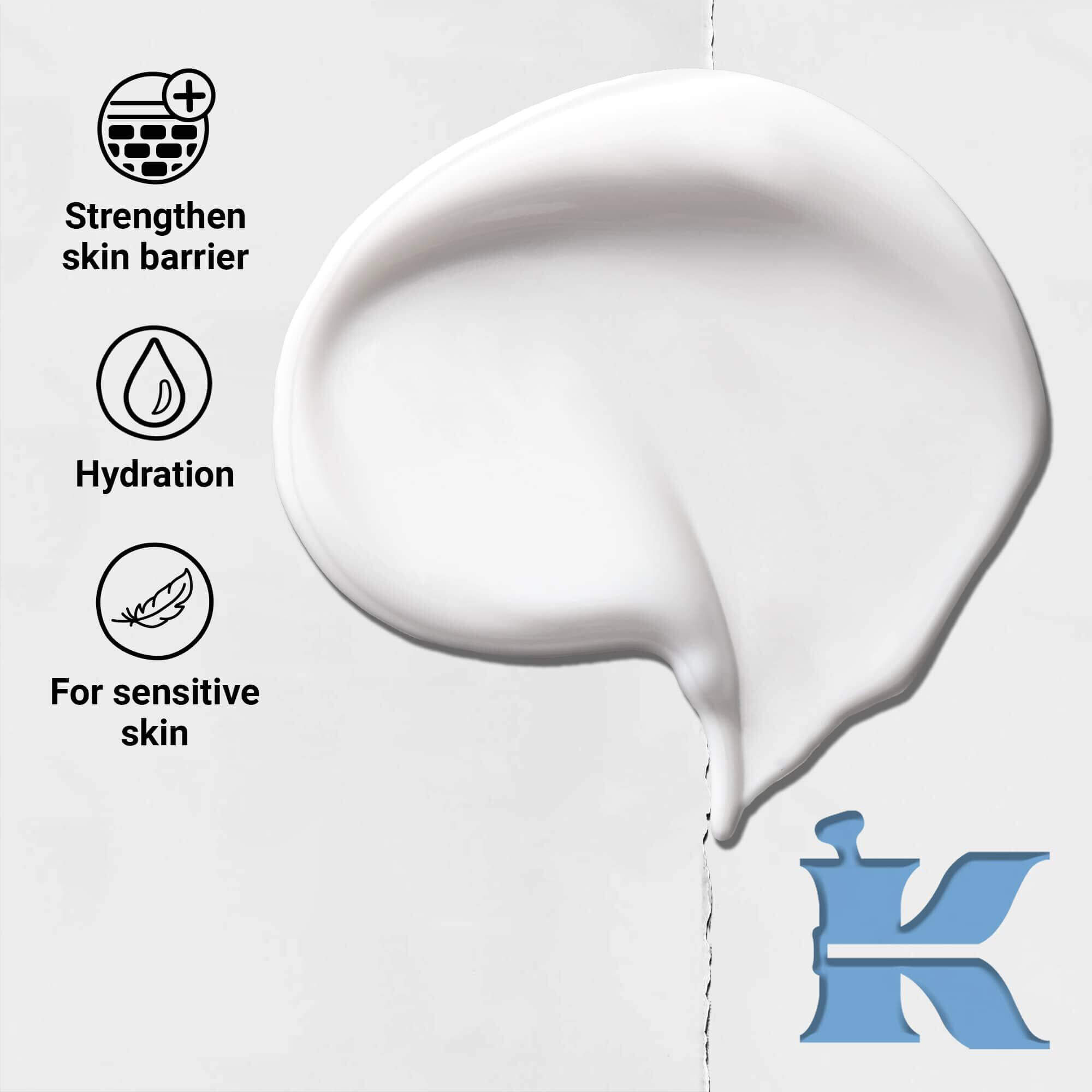 Texturbild och ikoner for Ultra Facial Moisturizer: starker hudbarriaren, återfuktning, kanslig hud