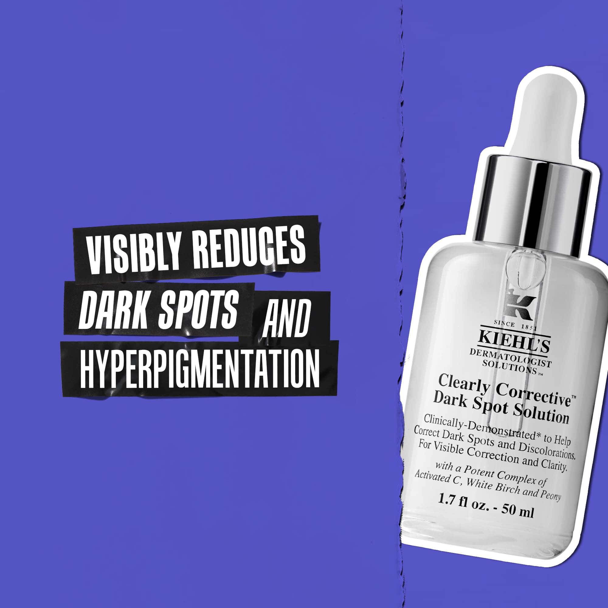 Flaska med Clearly Corrective Dark Spot Solution med text: Minskar synligt morka flackar och hyperpigmentering.