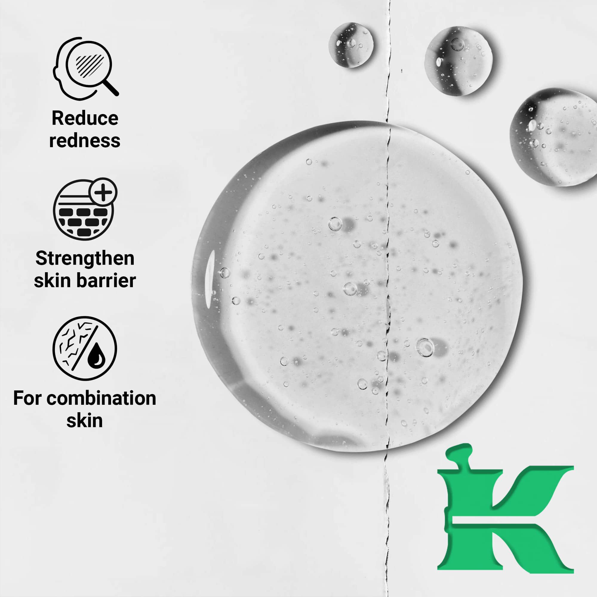 Foto på konsistensen med ikoner: reducerar rodhet, starker hudbarriaren, for blandhy