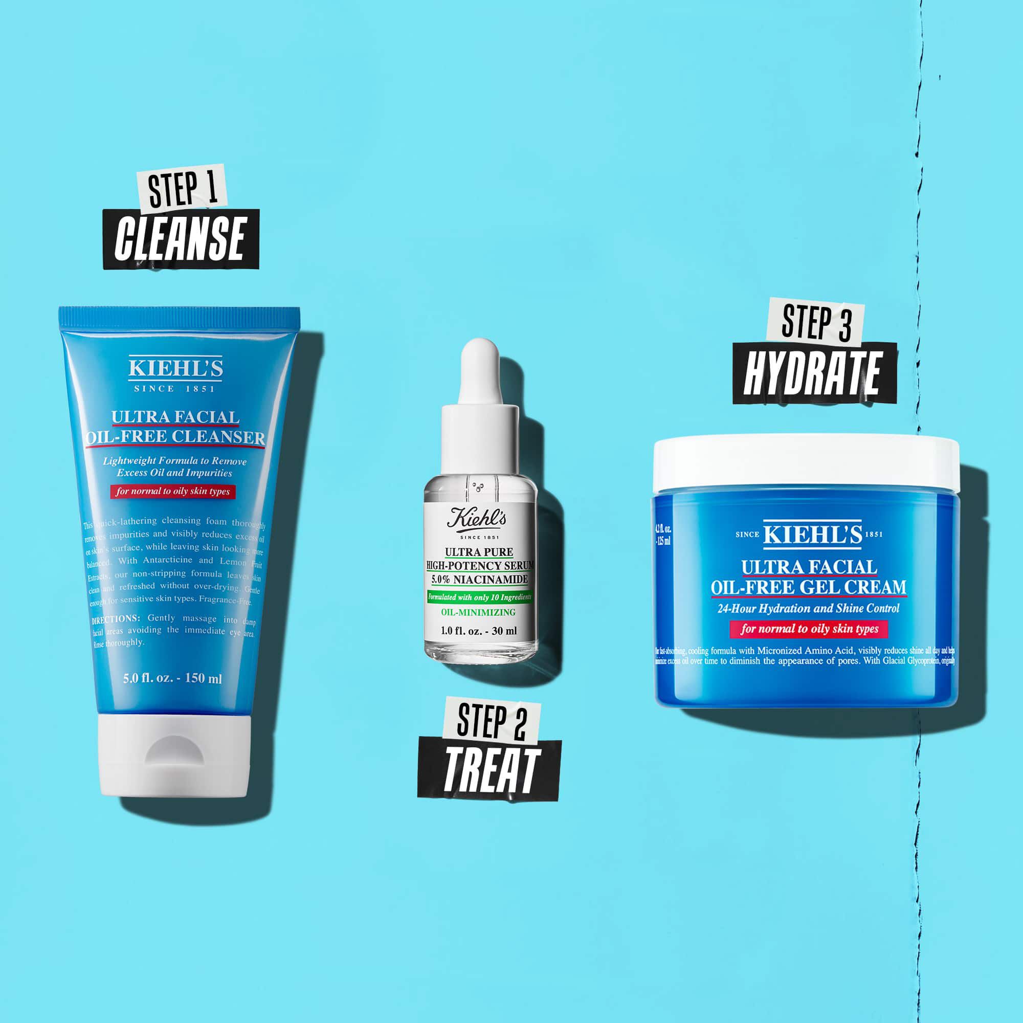 En rutin i tre steg med Kiehl's produkter. Steg 1: Ultra Facial Oil-Free Cleanser. Steg 2: Niacinamidserum. Steg 3: Ultra Facial Oil-Free Gel Cream.