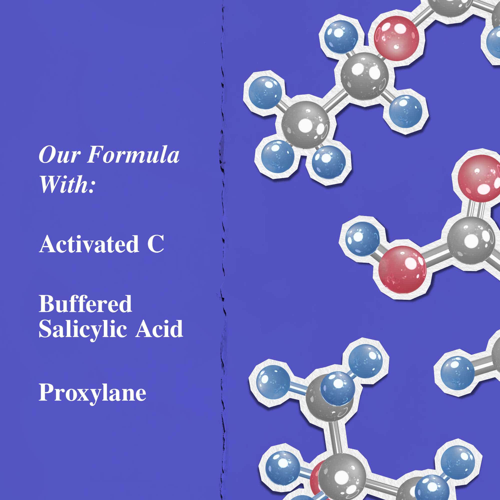 Grafik som visar huvudingredienser: Aktiverat C, buffrad salicylsyra och Proxylane.