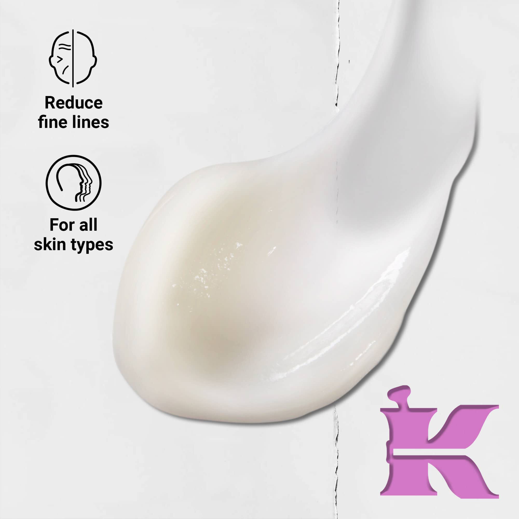 Foto på konsistensen med ikoner: reducerar fina linjer och utvecklad for alla hudtyper