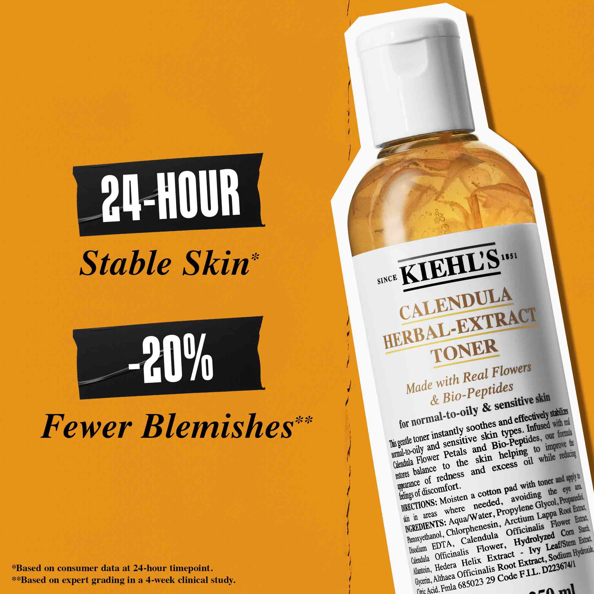 En flaska Calendula Herbal-Extract Toner mot en orange bakgrund med texten: "Efter 3 dagar: Se forsta forbattringar i rodnad, fethet och glans, samt porernas utseende."