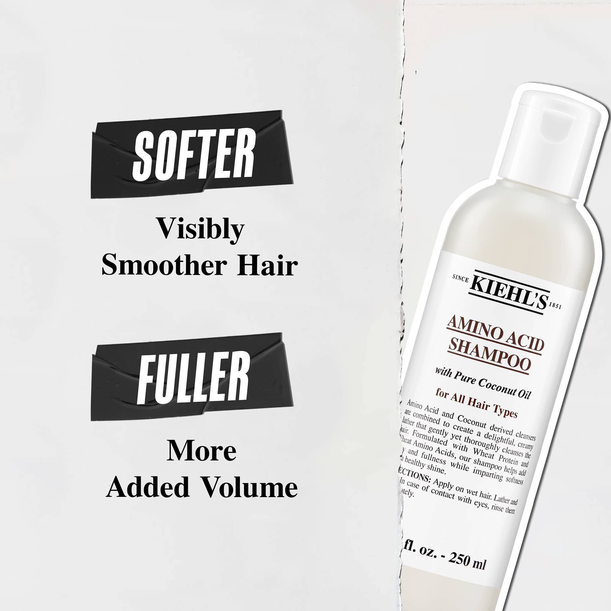 Kiehl's Amino Acid Shampoo-flaska med fordelar: "Mjukare, synligt slatare hår" och "Fylligare hår med mer volym"