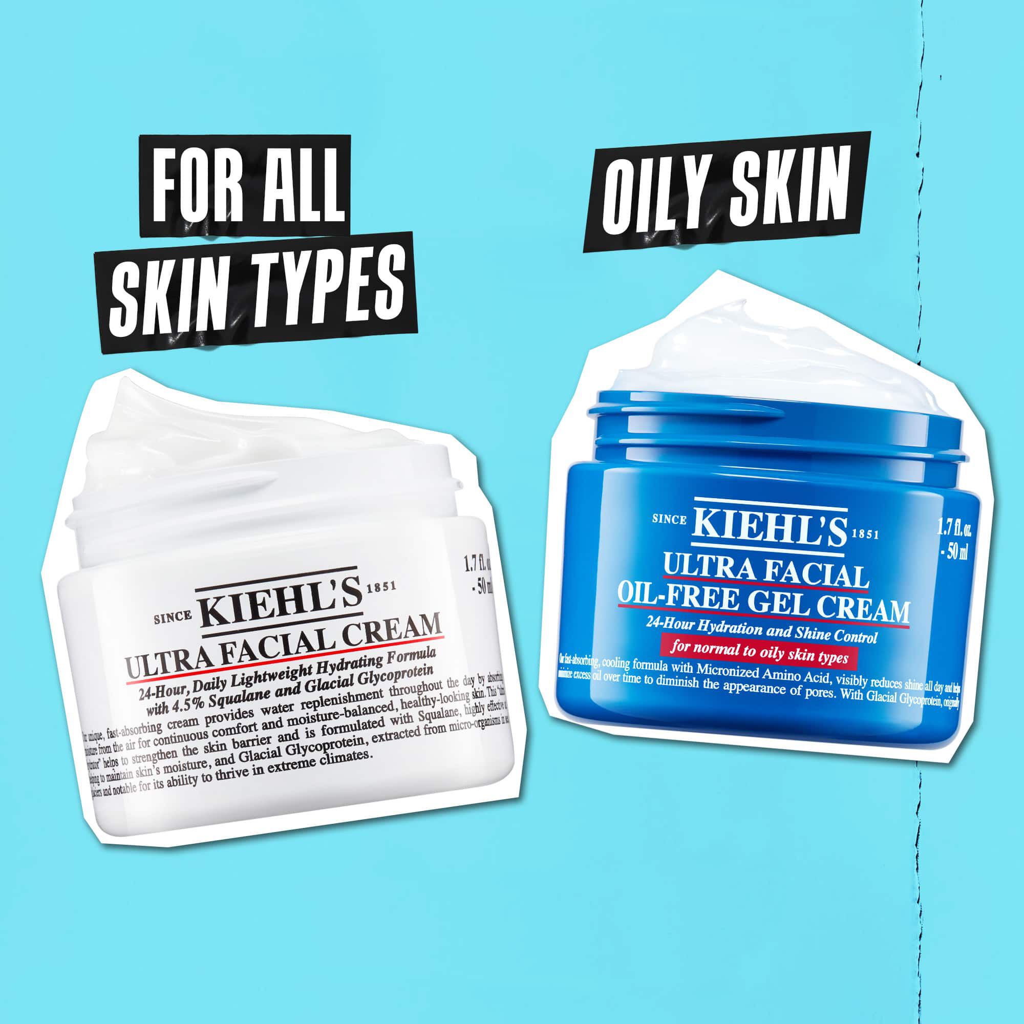 Två Kiehl's-burkar visas sida vid sida på en blå bakgrund. Ultra Facial Cream ar markt "For alla hudtyper" och Ultra Facial Oil-Free Gel Cream ar markt "Fet hud".