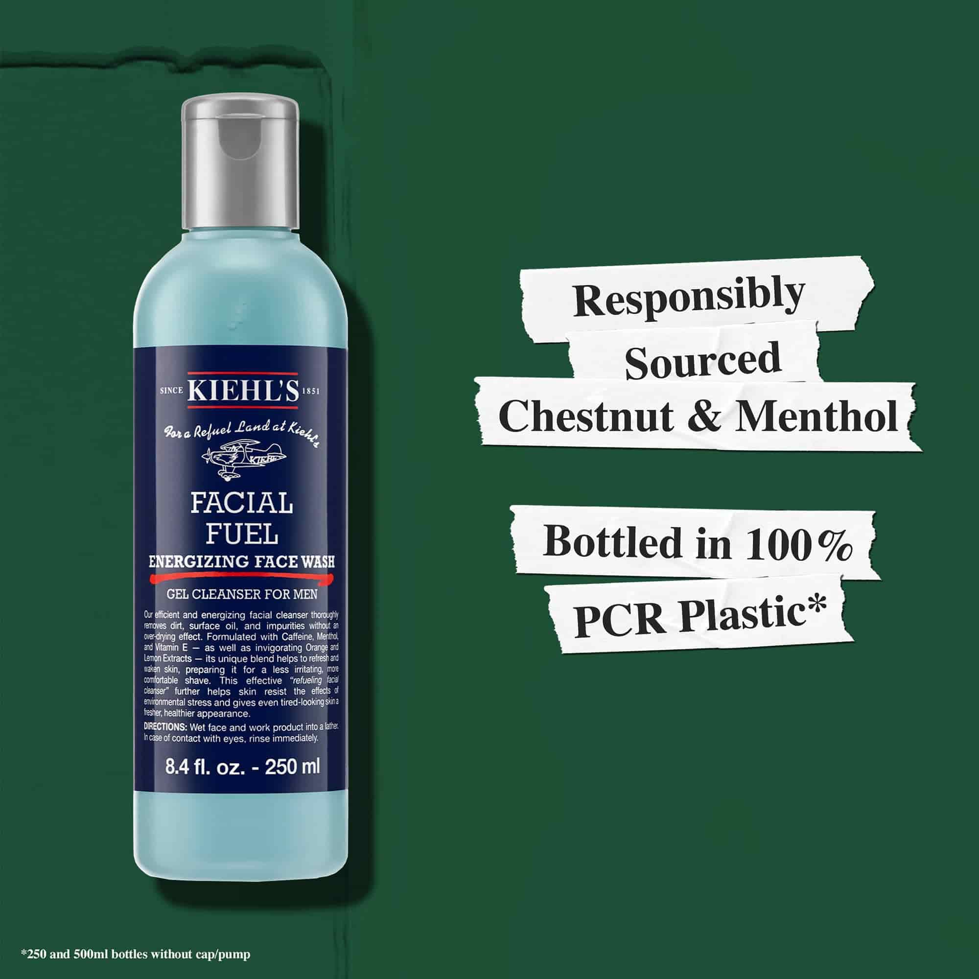 Facial Fuel Energizing Face Wash innehåller ansvarsfullt utvunna ingredienser och flaskan ar tillverkad av 100 % återvunnen plast (PCR)