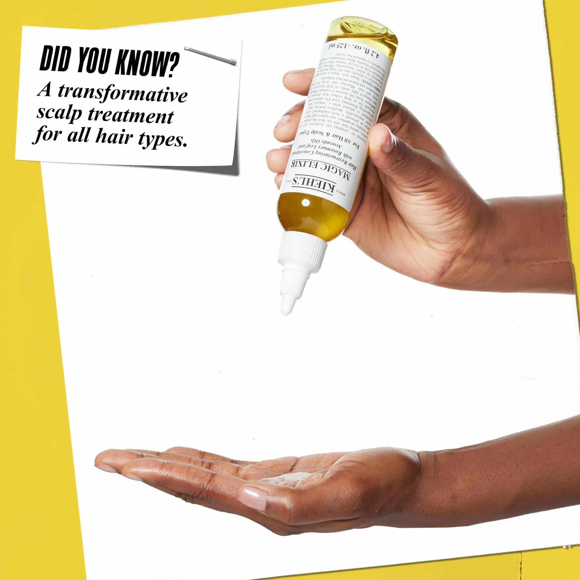 En hand som doserar Magic Elixir Hair Oil på en annan hand. Texten lyder: "Visste du att? En transformerande hårbottenbehandling for alla hårtyper."