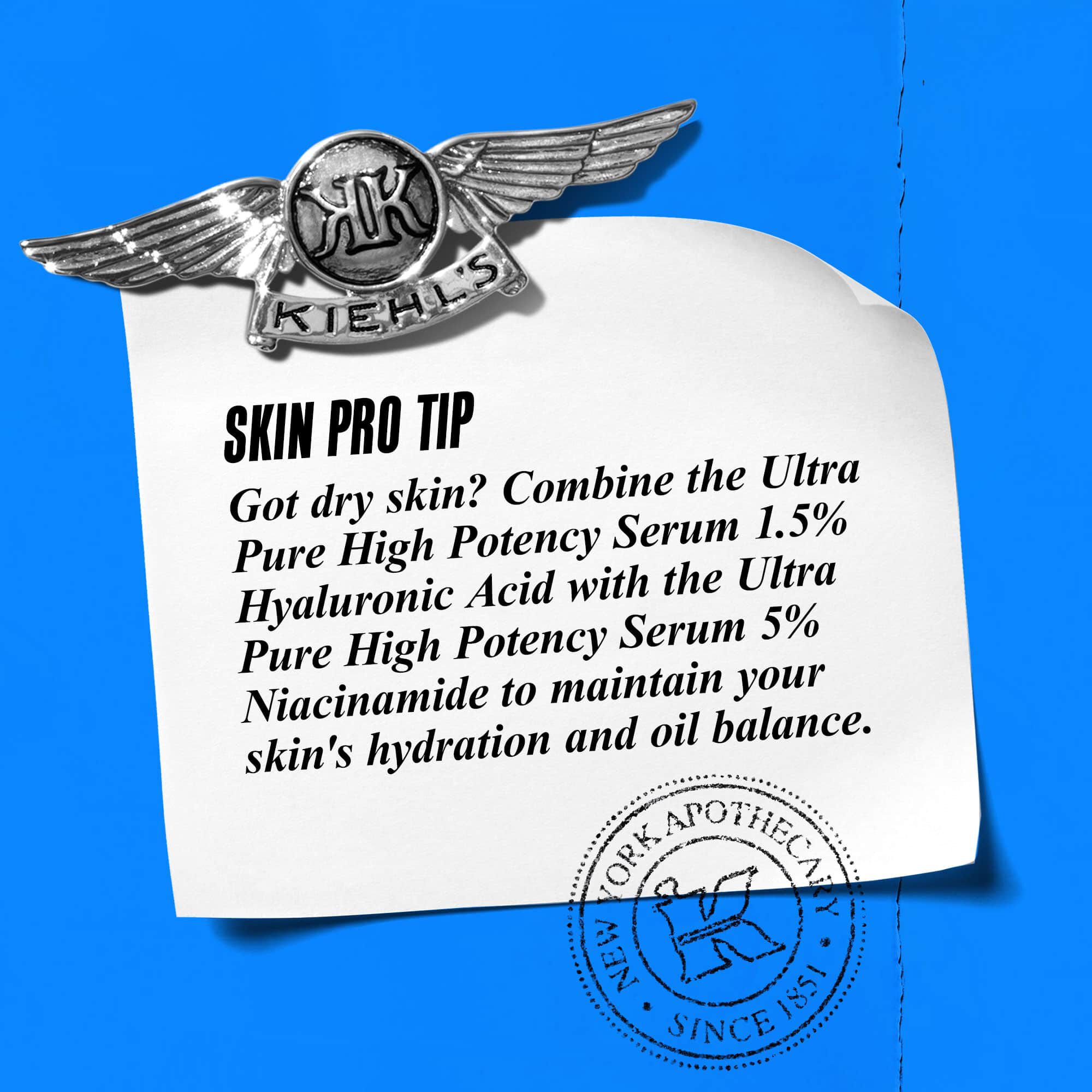 Grafik med texten: "Proffstips: For torr hud, kombinera Ultra Pure High-Potency Serums 1,5% Hyaluronsyra med Serum 5% Ren Niacinamid for att balansera hudens fukt och oljebalans."