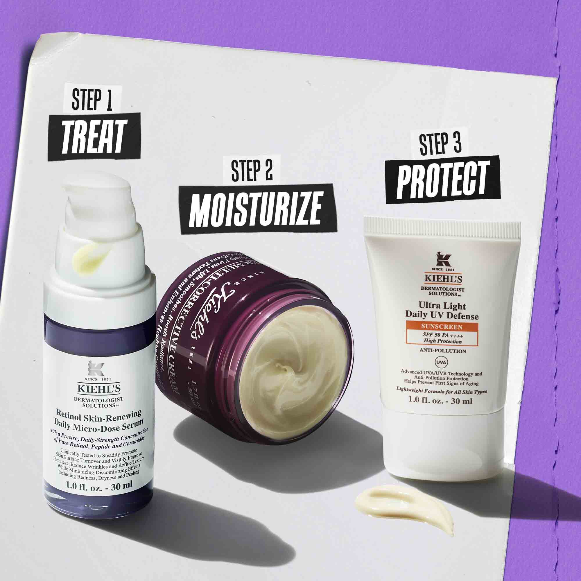 Illustration av rutinen for Retinol Skin Renewing Daily Microdose – rengora, behandla, behandla ogon, skydda