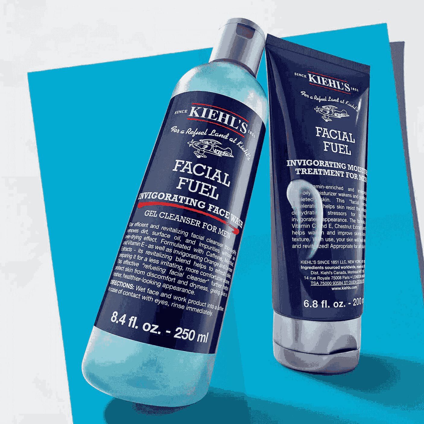 – Kiehl's Facial Fuel Stimulorating Face Wash och Energizing Moisture Treatment for man, visad med kampanjpriser och varde.