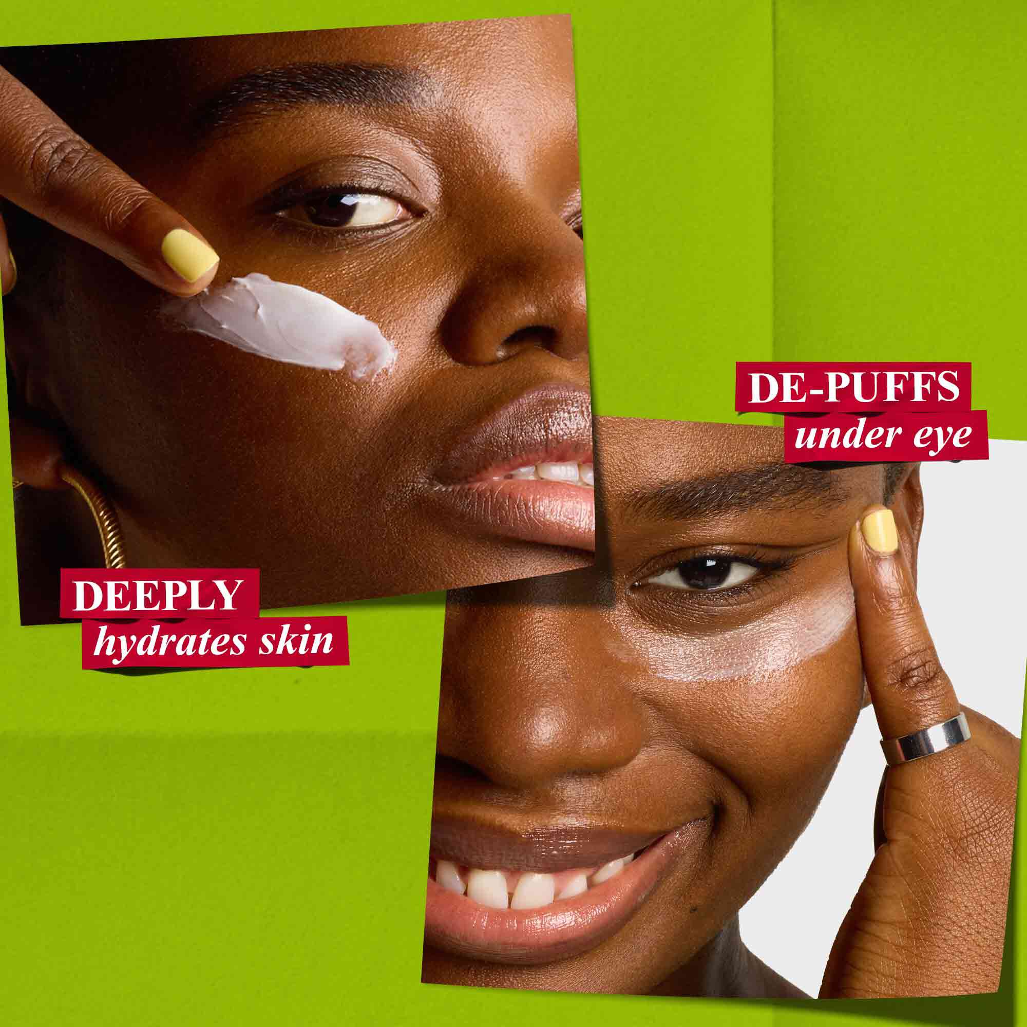 En kvinna applicerar en återfuktande kram i ansiktet, medan en annan applicerar en under ogonen for att ta bort puff, vilket visar Kiehls hudvårdsfordelar.