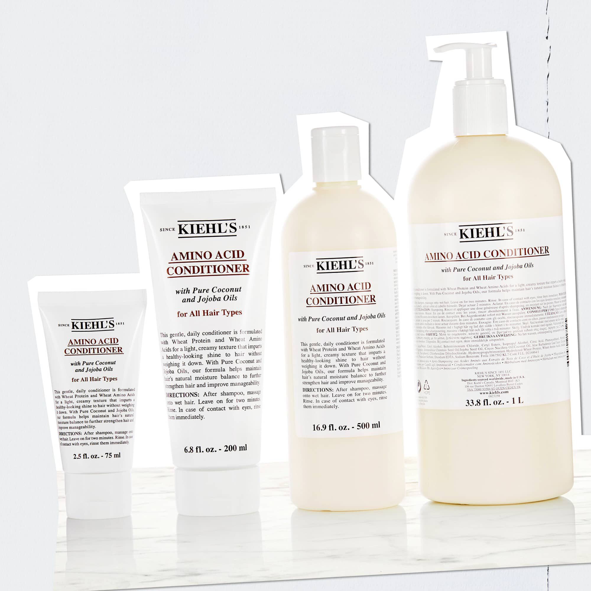 Kiehl's Amino Acid Conditioner-flaskor i storlekar från 2,5 fl. oz. – 75 ml till 33,8 fl. oz. – 1 L