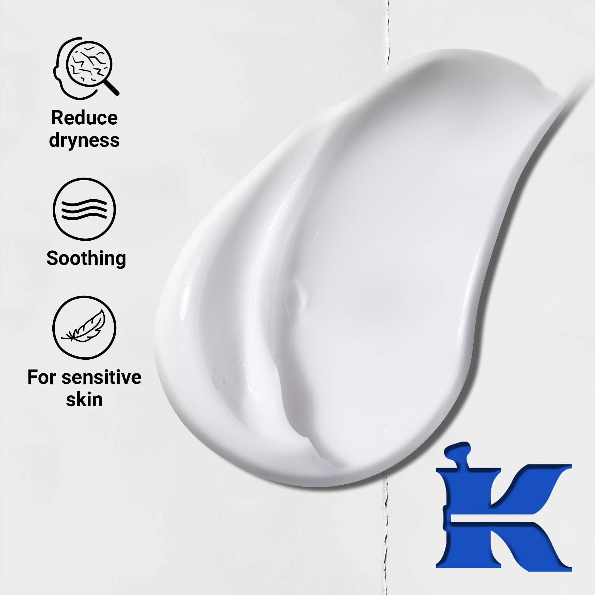 Foto på konsistensen med ikoner: reducerar torrhet, ar lugnande och utvecklad for kanslig hy