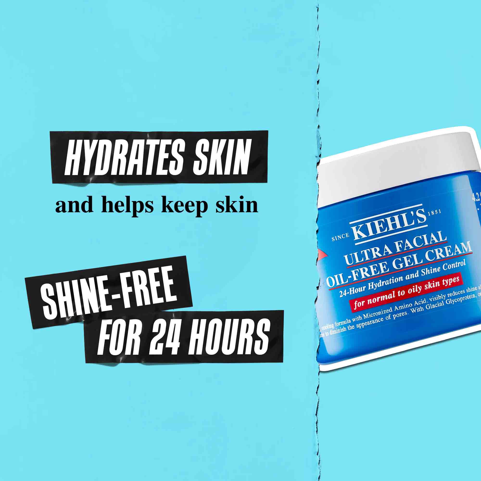 En burk med Ultra Facial Oil-Free Gel Cream mot en blå bakgrund med texten: "Återfuktar huden och hjalper till att hålla huden glansfri i 24 timmar."
