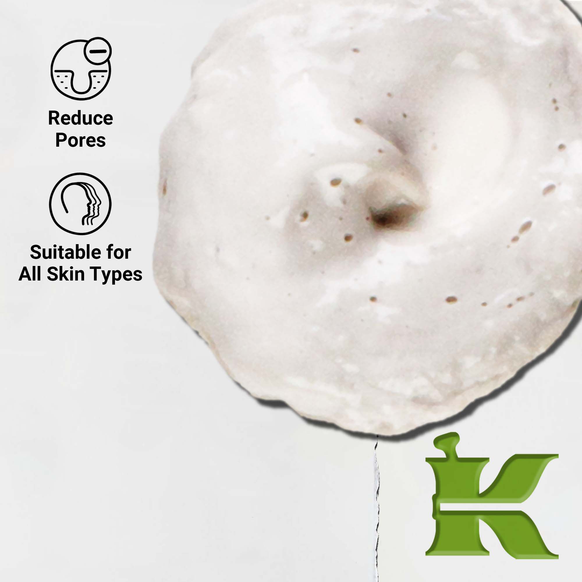 Narbild på konsistensen av Rare Earth Deep Pore Daily Cleanser. Texten betonar dess djuprengorande egenskaper och lamplighet for alla hudtyper.