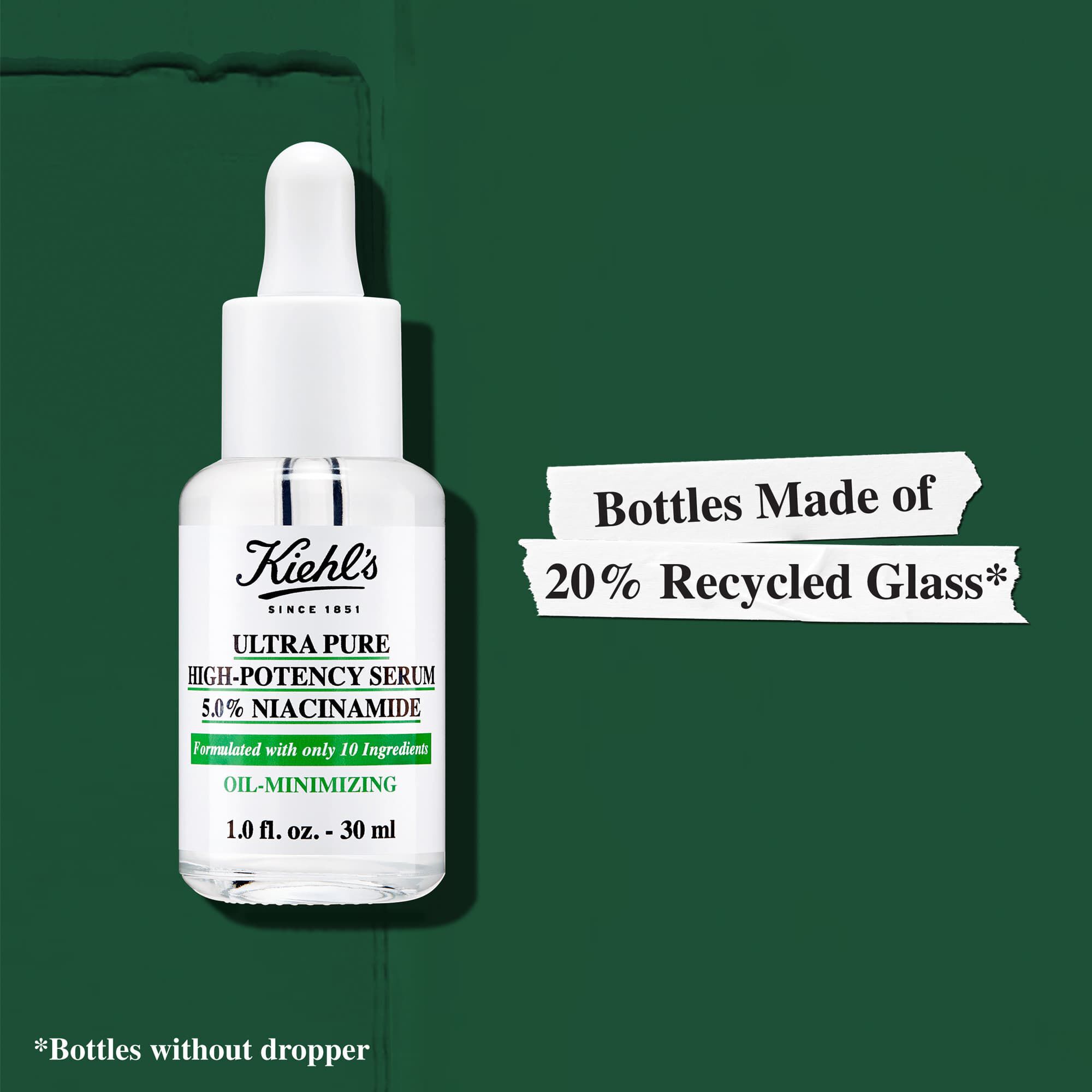 Flaskorna for Kiehl's Ultra Pure High-Potency Serum ar tillverkade av 20 % återvunnet glas